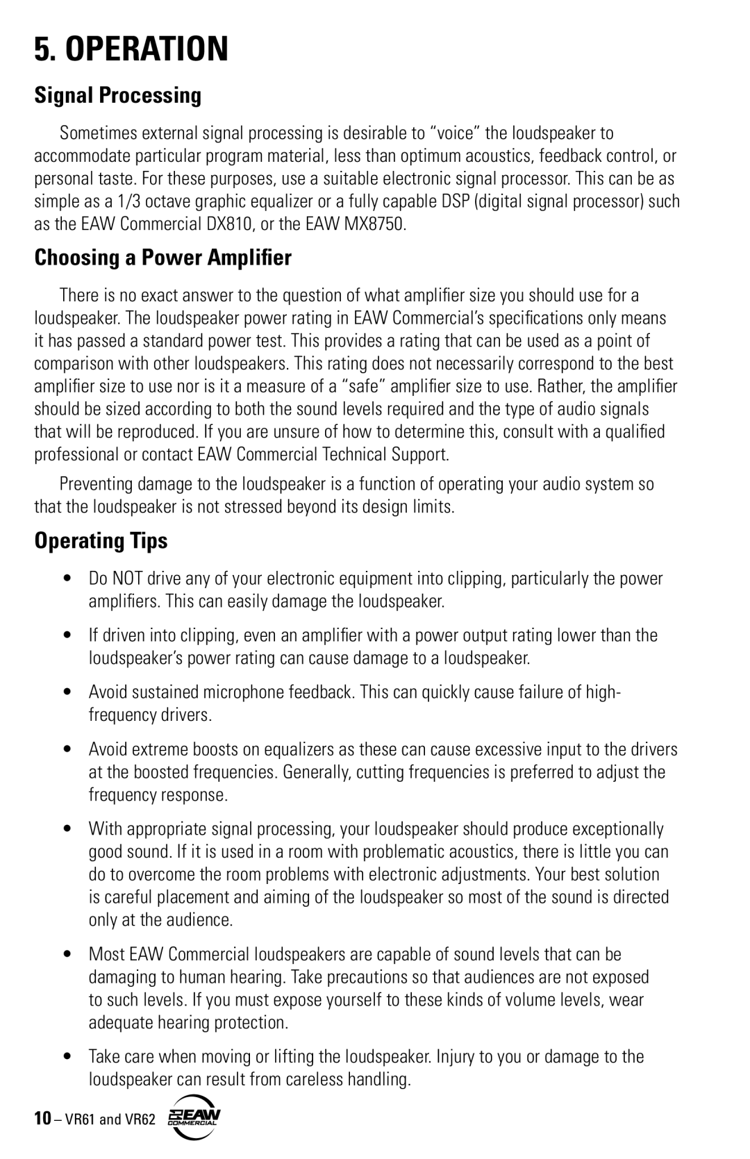 Kenwood VR61, VR62 instruction manual Operation, Signal Processing, Choosing a Power Amplifier, Operating Tips 