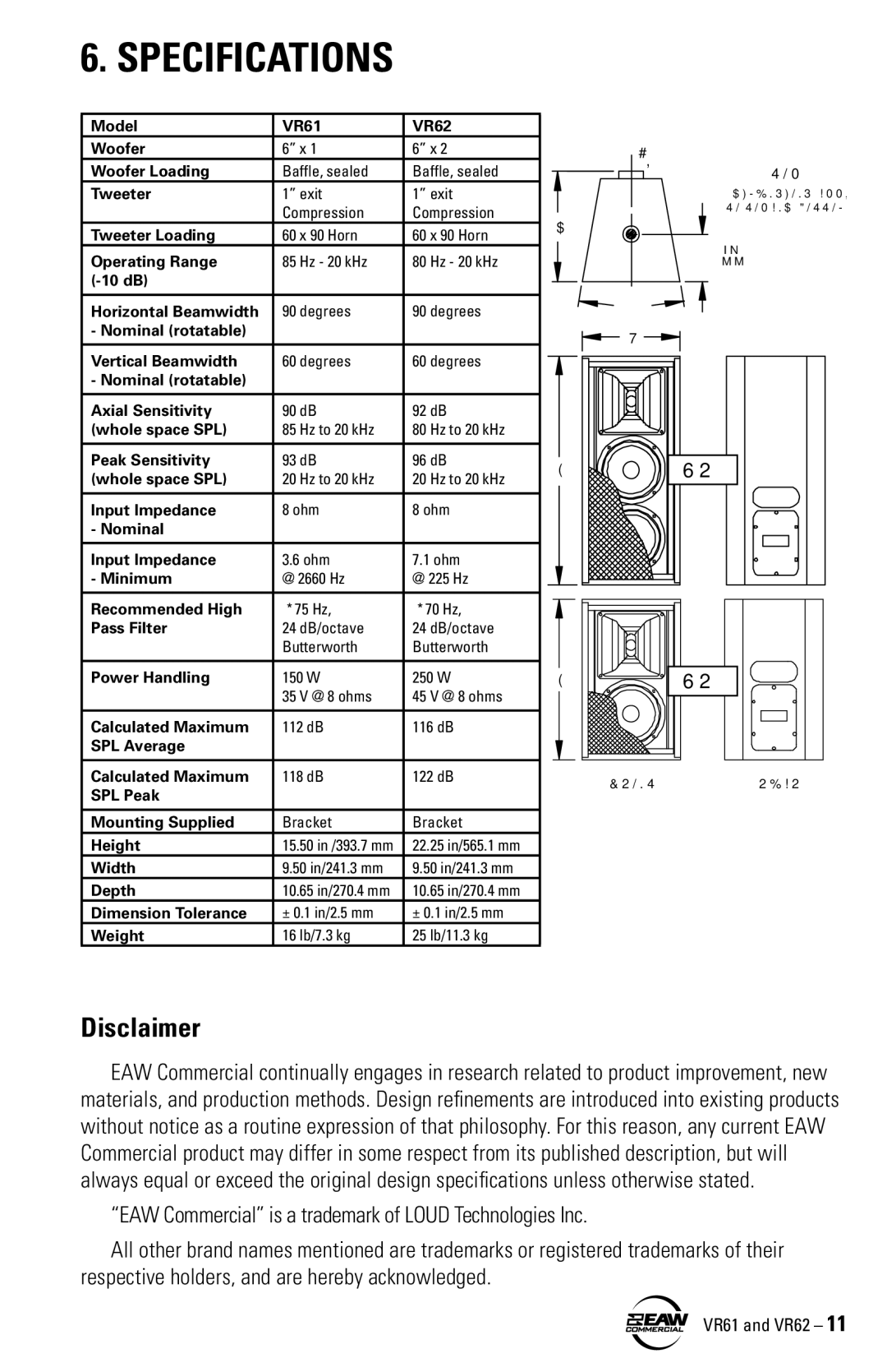 Kenwood VR62, VR61 instruction manual Specifications, Disclaimer 