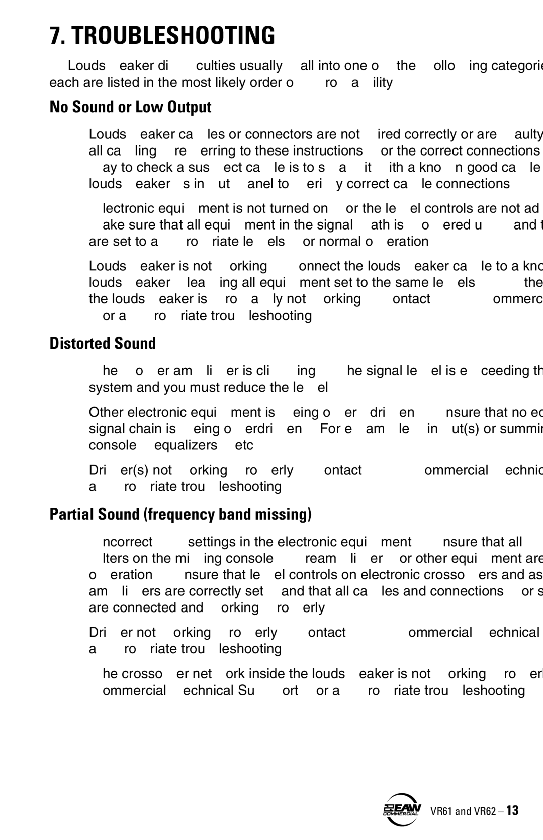 Kenwood VR62, VR61 Troubleshooting, No Sound or Low Output, Distorted Sound, Partial Sound frequency band missing 