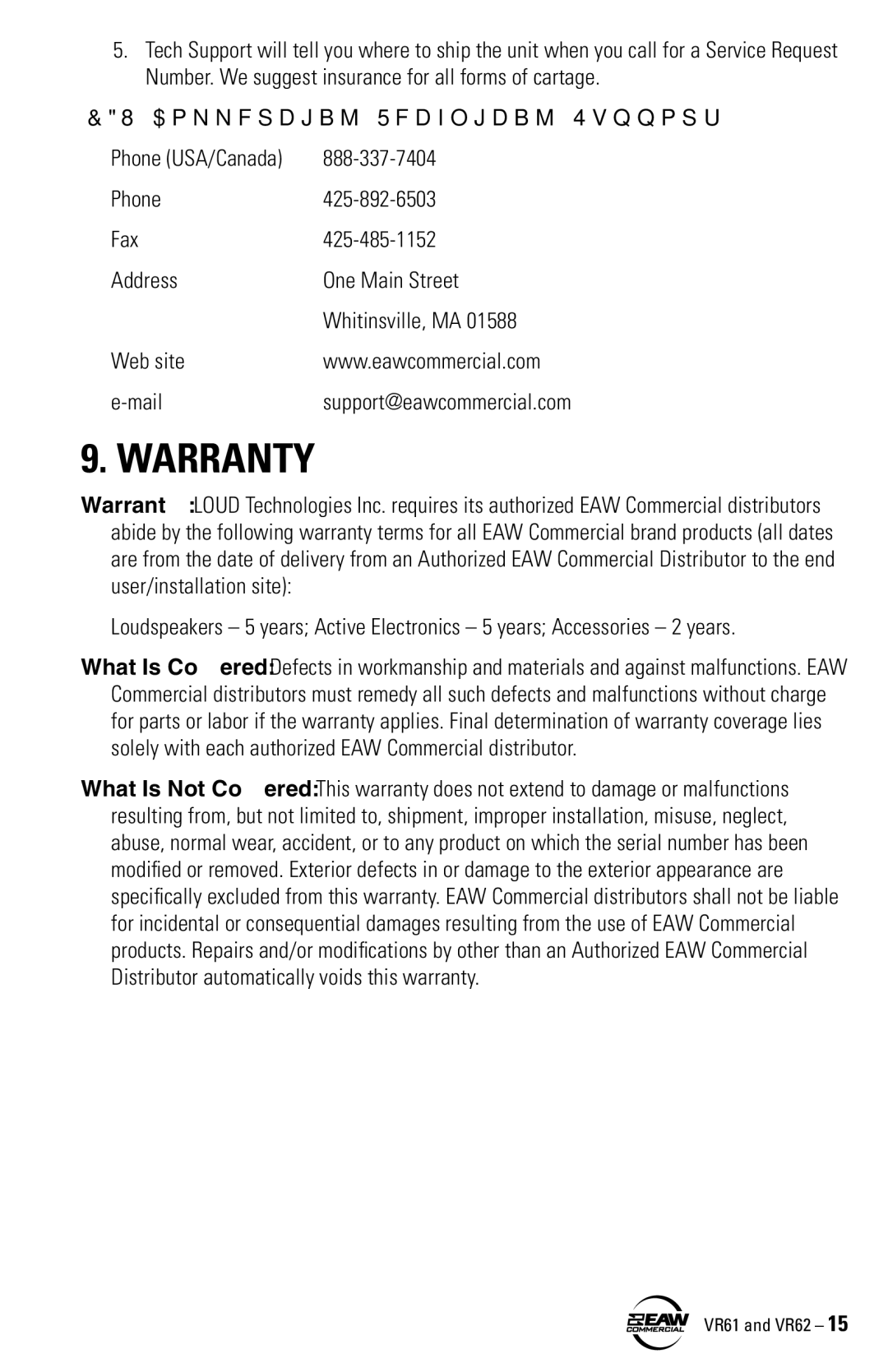 Kenwood VR62, VR61 instruction manual Warranty, EAW Commercial Technical Support 