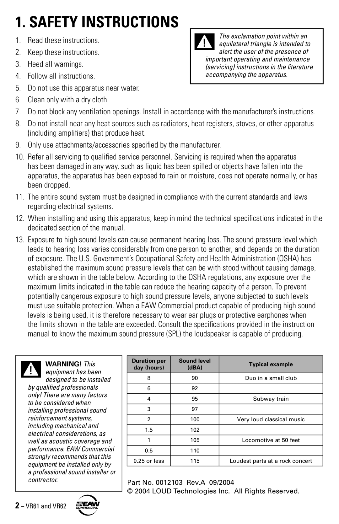 Kenwood VR61, VR62 instruction manual Safety Instructions 