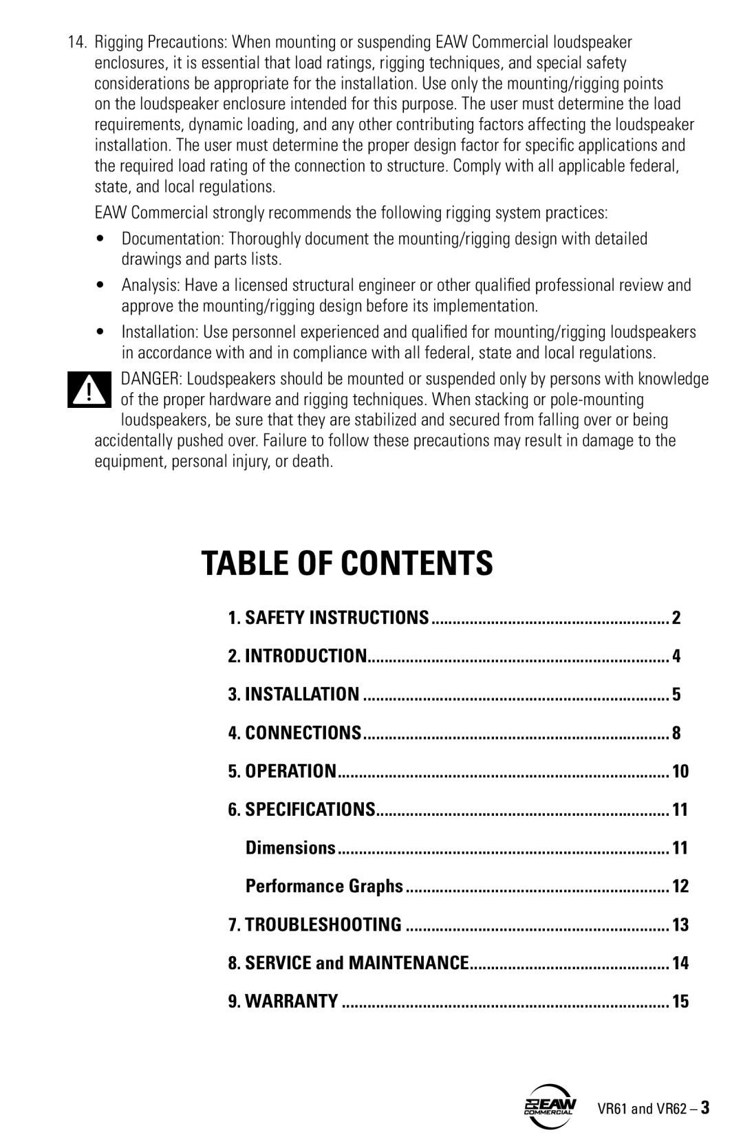 Kenwood VR62, VR61 instruction manual Table of Contents 