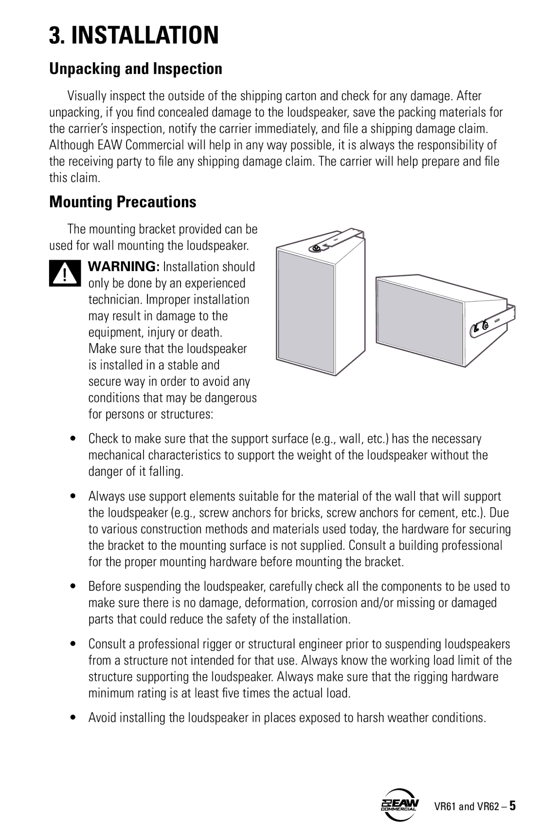 Kenwood VR62, VR61 instruction manual Installation, Unpacking and Inspection, Mounting Precautions 