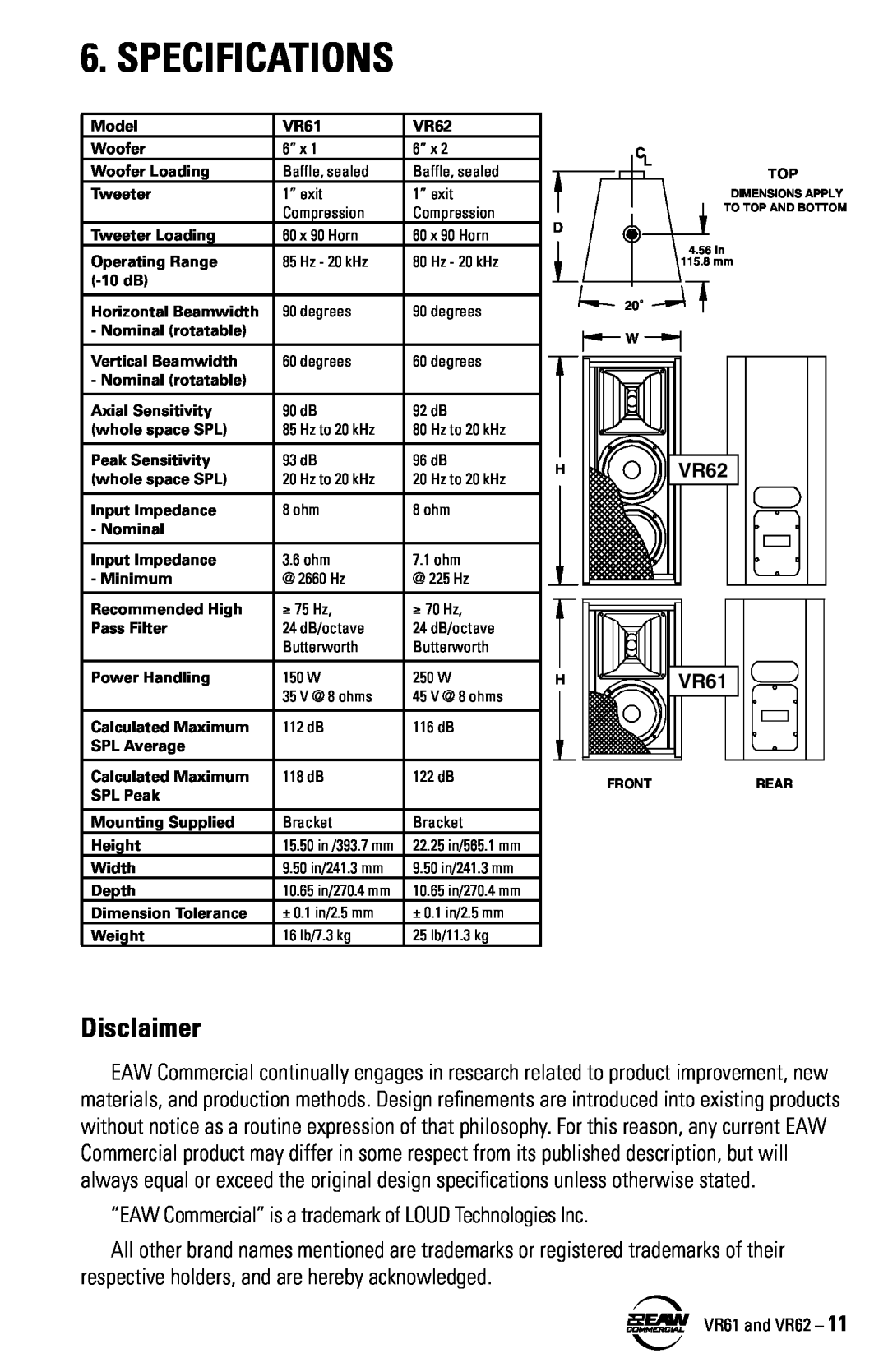 Kenwood VR62, VR61 instruction manual Specifications, Disclaimer 