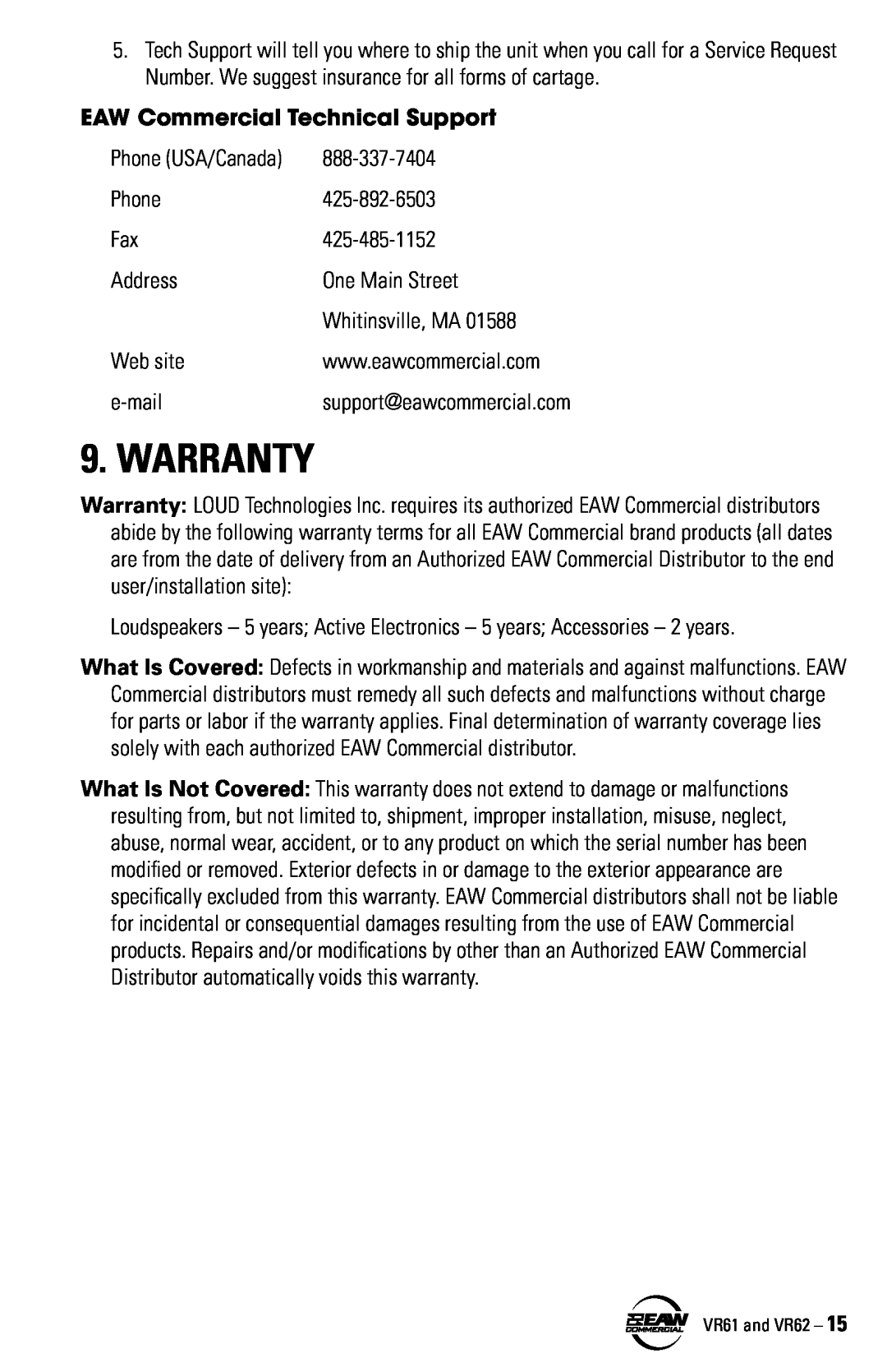 Kenwood VR62, VR61 instruction manual Warranty, EAW Commercial Technical Support 