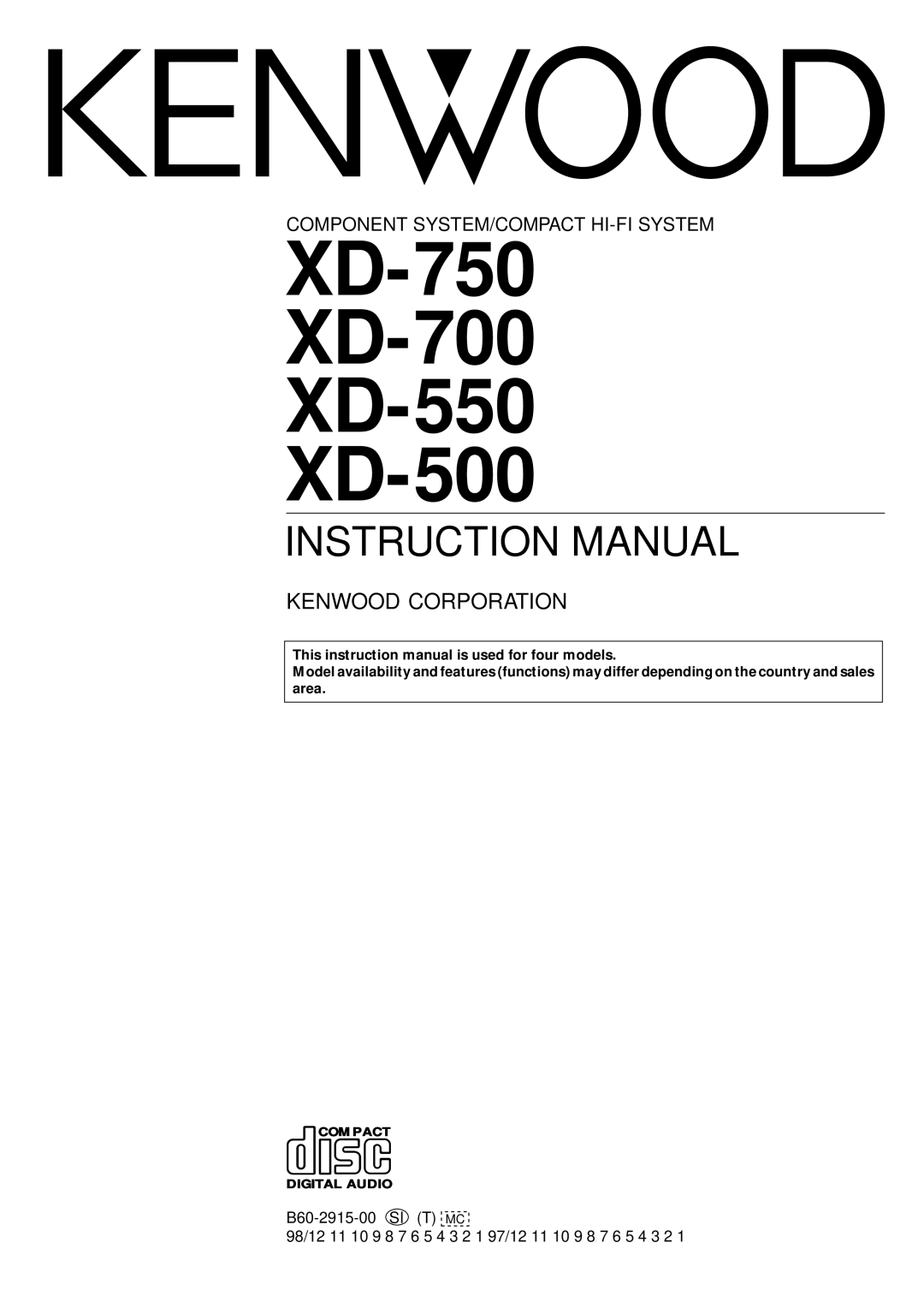 Kenwood instruction manual XD-750 XD-700 XD-550 XD-500 