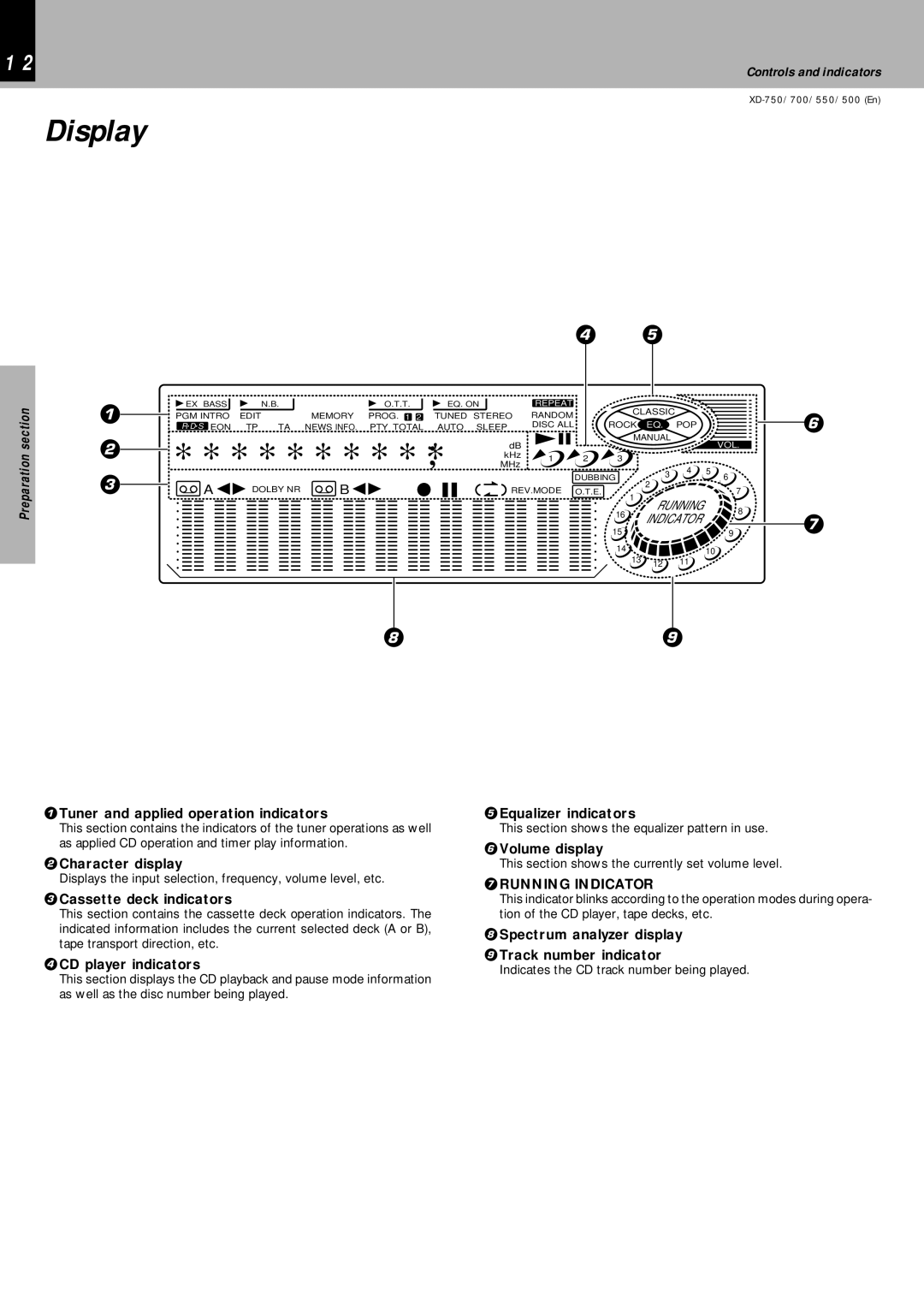 Kenwood XD-700, XD-750, XD-550, XD-500 instruction manual Display, Running Indicator 