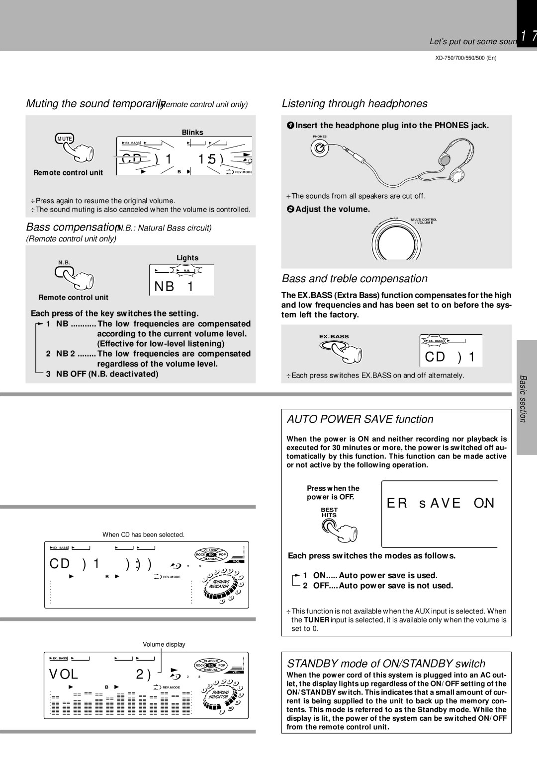 Kenwood XD-750, XD-700, XD-550, XD-500 Muting the sound temporarily Remote control unit only, Listening through headphones 