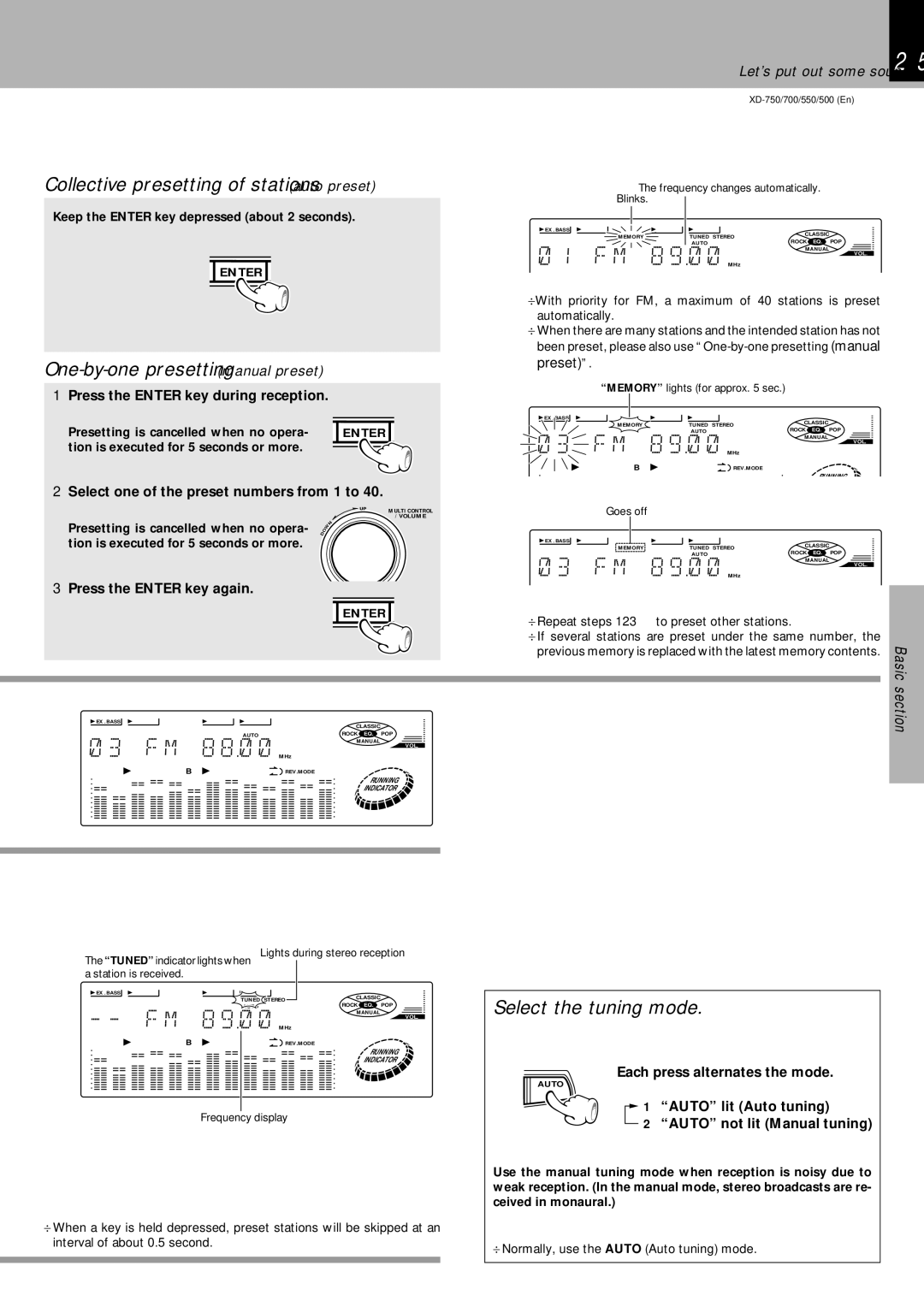 Kenwood XD-750, XD-700, XD-550 M 8 MHz, Collective presetting of stations auto preset, One-by-one presetting manual preset 