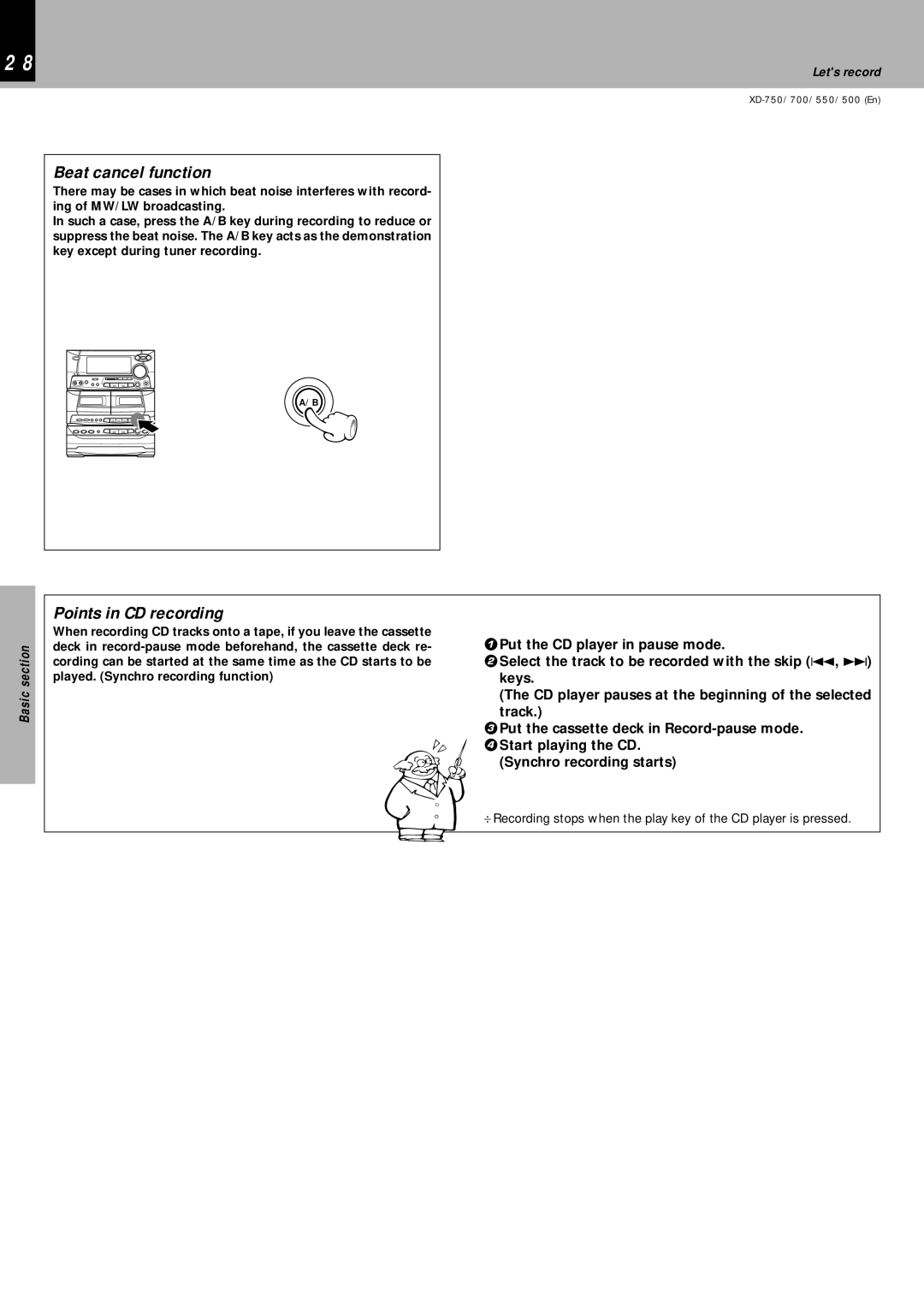 Kenwood XD-700, XD-750, XD-550, XD-500 instruction manual Beat cancel function, Points in CD recording 