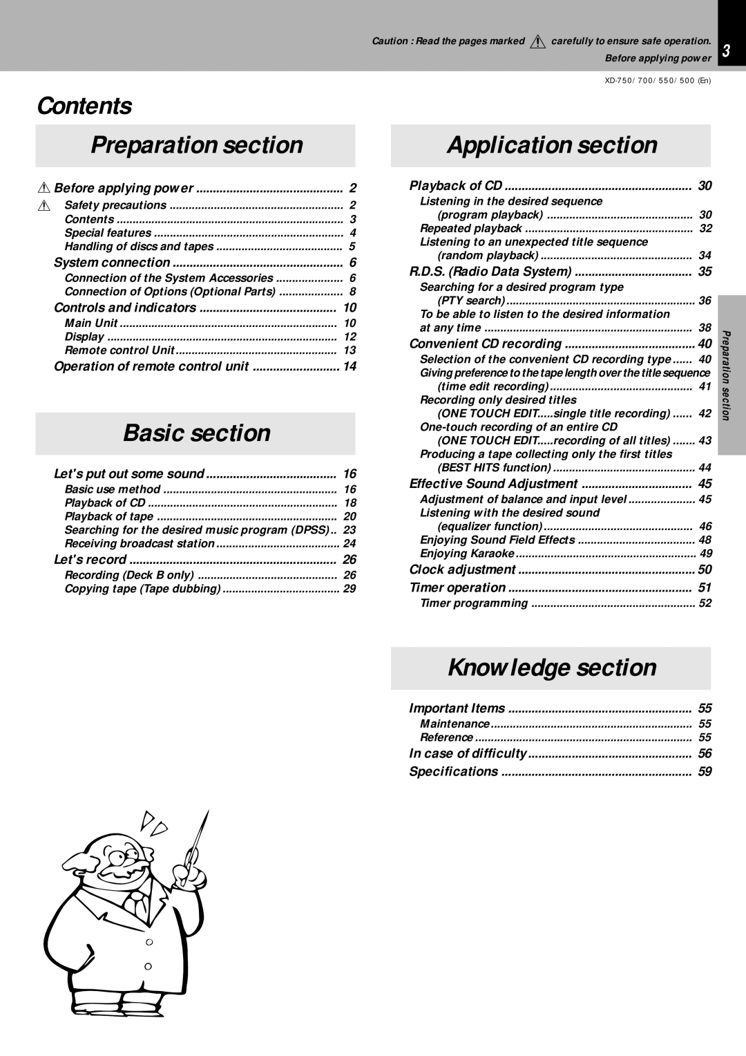 Kenwood XD-500, XD-700, XD-750, XD-550 instruction manual Contents, Basic section, Application section 