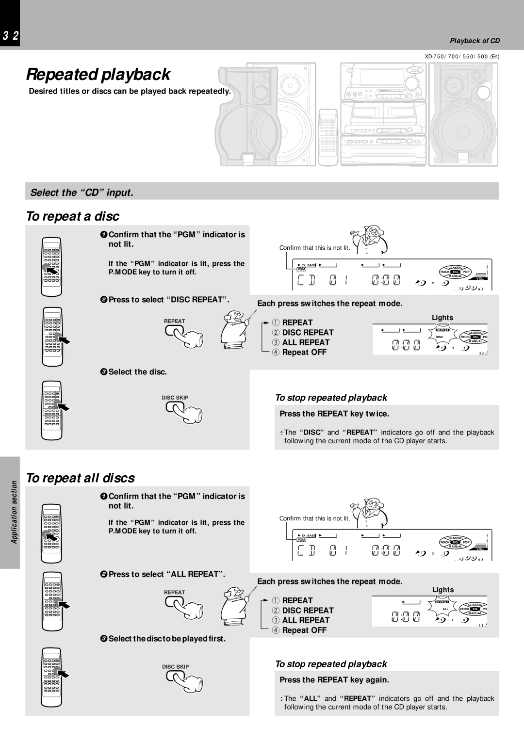 Kenwood XD-700, XD-750, XD-550, XD-500 Repeated playback, To repeat a disc, To repeat all discs, To stop repeated playback 