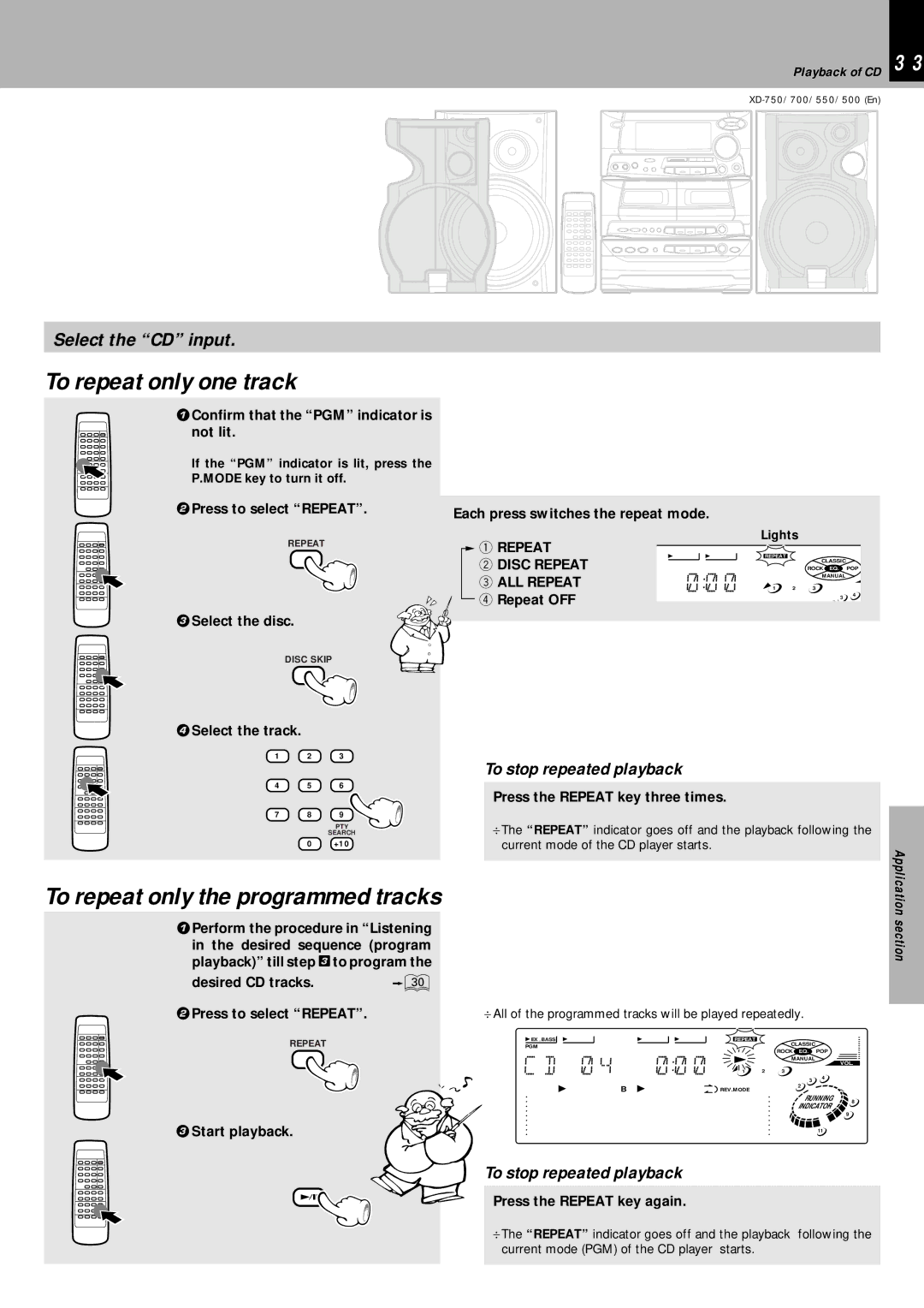 Kenwood XD-750, XD-700, XD-550, XD-500 instruction manual To repeat only one track, To repeat only the programmed tracks 