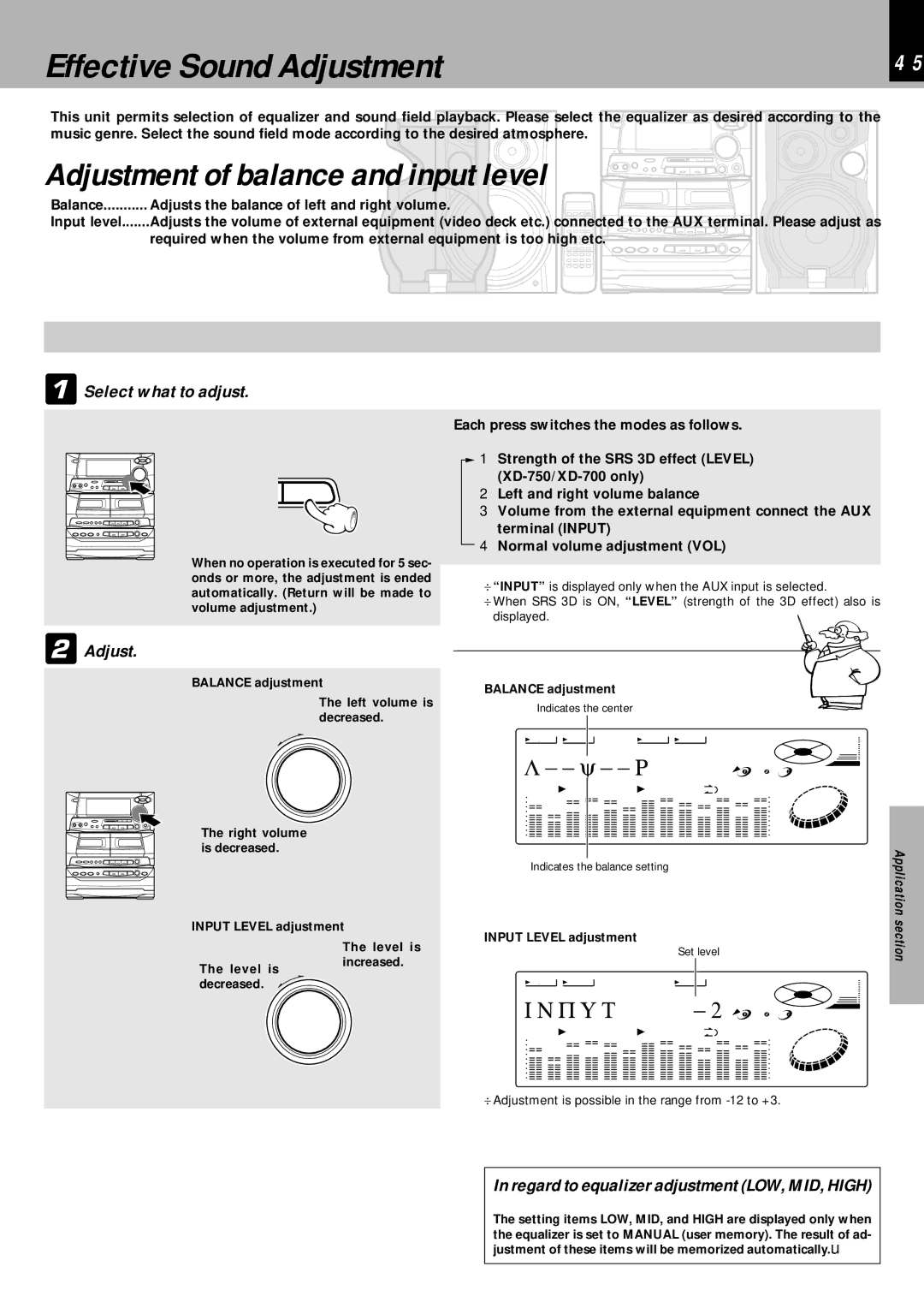 Kenwood XD-750, XD-700 Effective Sound Adjustment, Adjustment of balance and input level, P U T, Select what to adjust 