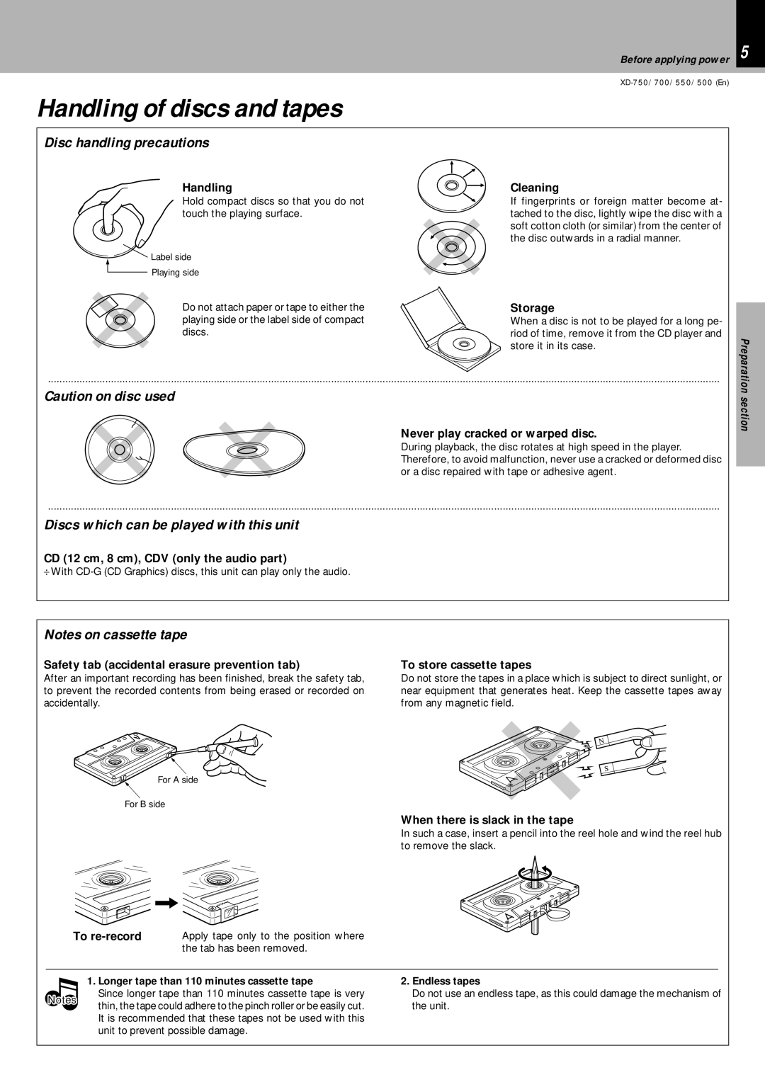 Kenwood XD-750, XD-700 Handling of discs and tapes, Disc handling precautions, Discs which can be played with this unit 