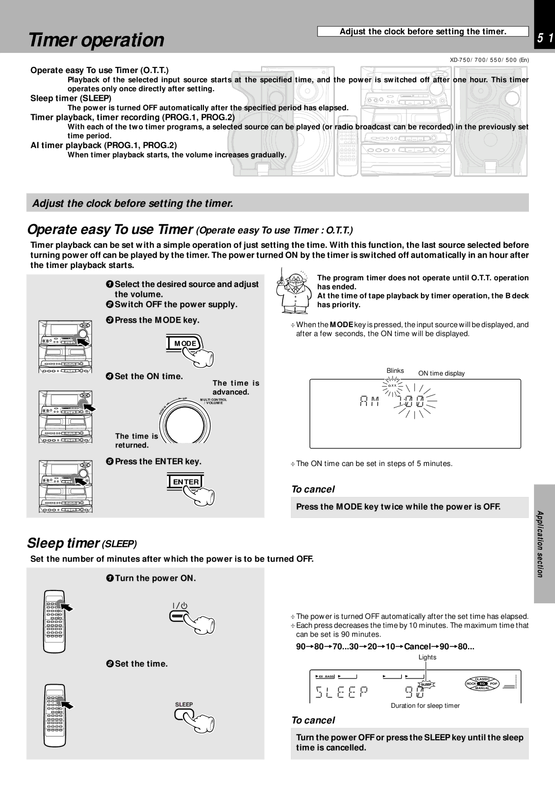 Kenwood XD-500 Timer operation, Sleep timer Sleep, E E P, Operate easy To use Timer Operate easy To use Timer O.T.T 