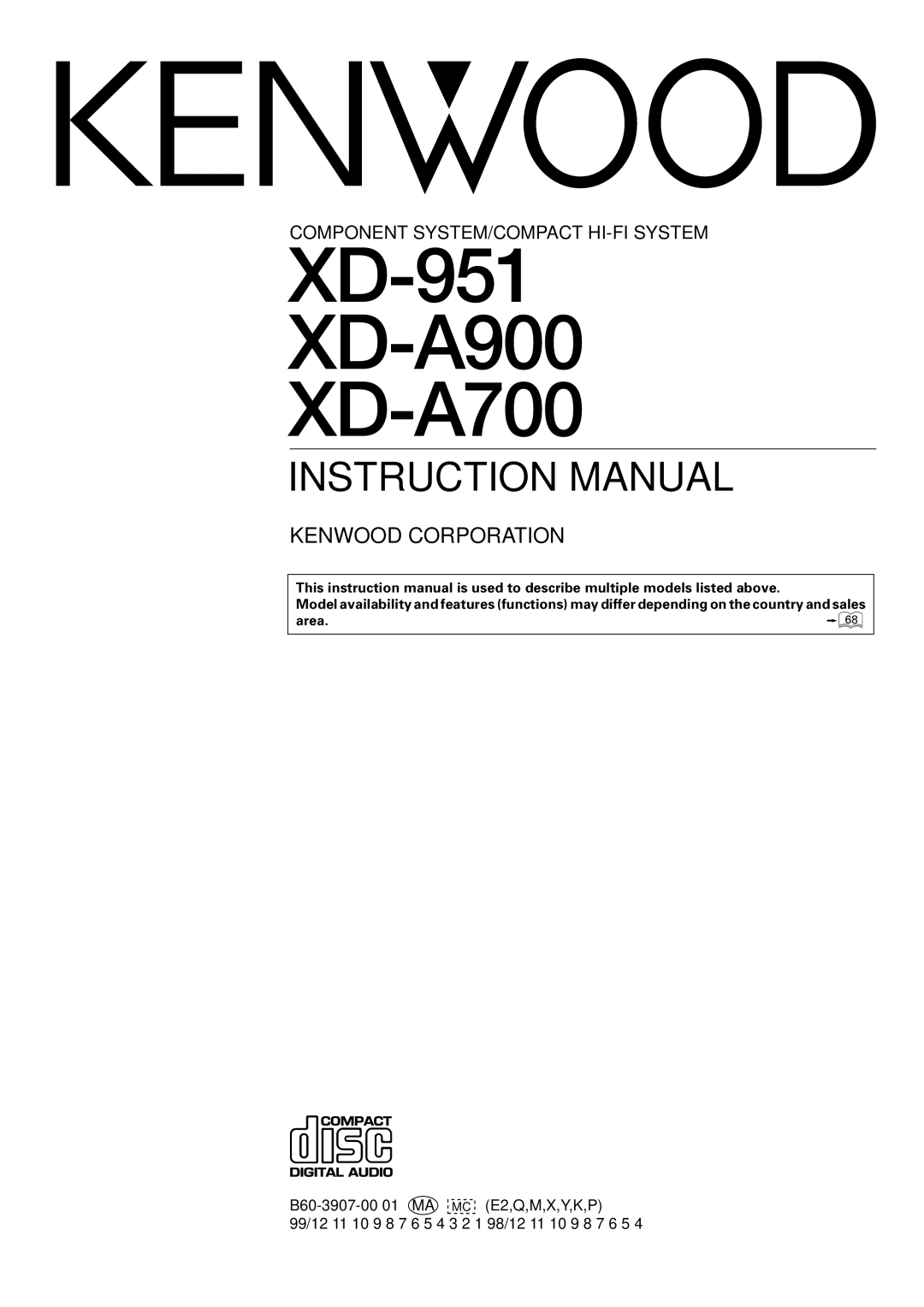 Kenwood instruction manual XD-951 XD-A900 XD-A700 