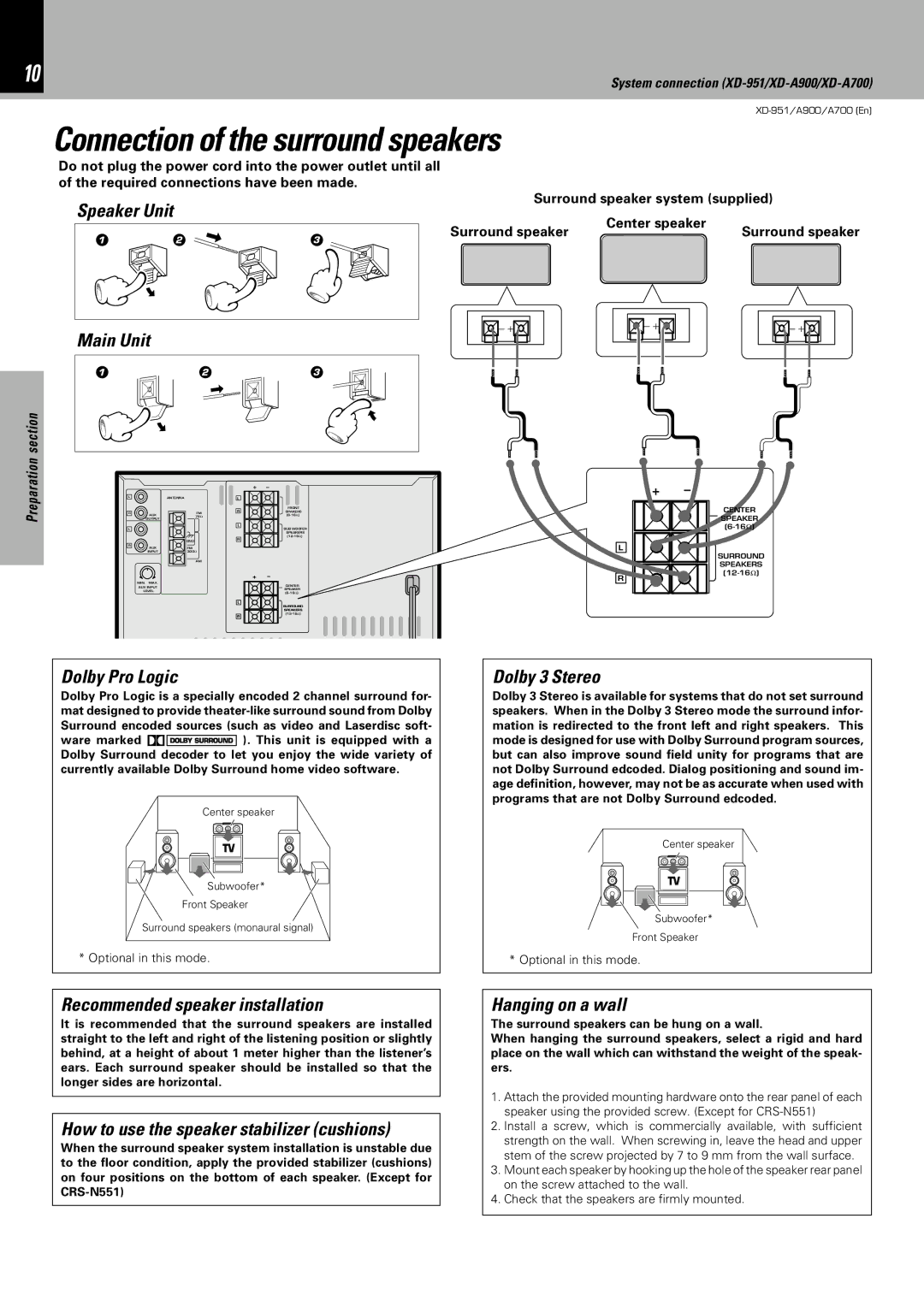 Kenwood XD-A900, XD-951, XD-A700 Speaker Unit Main Unit, Dolby Pro Logic, Dolby 3 Stereo, Recommended speaker installation 