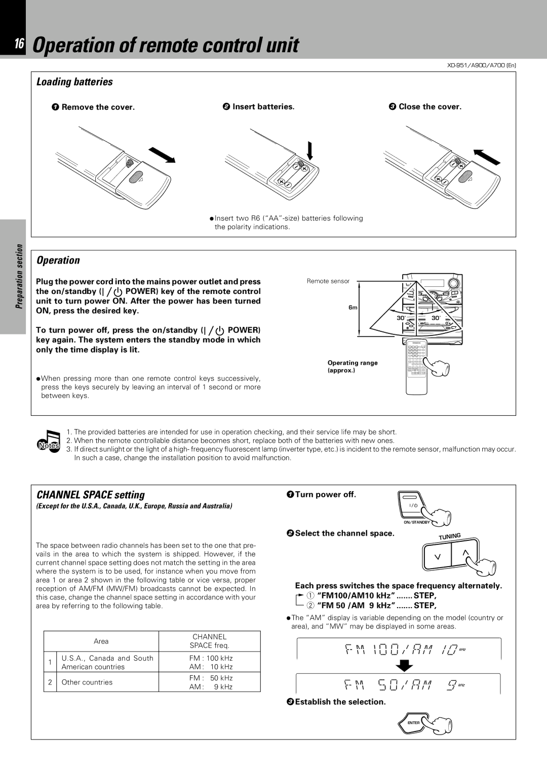 Kenwood XD-A900 Operation of remote control unit, FM10 0/ a M 1 FM 5 0/ a M, Loading batteries, Channel Space setting 