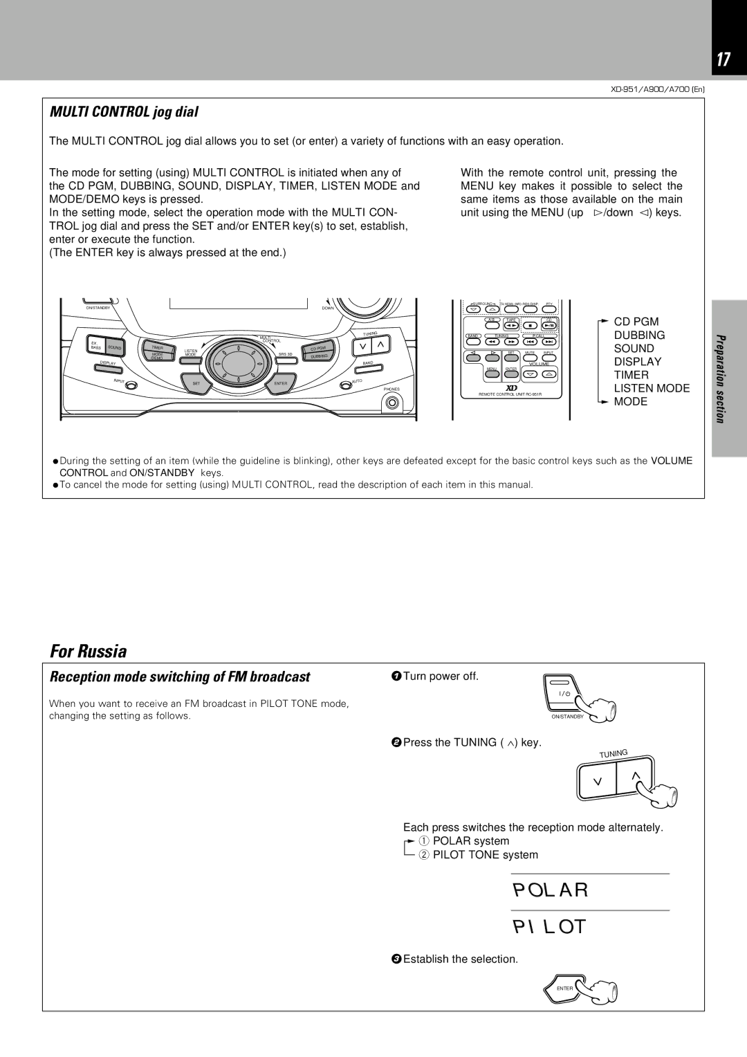 Kenwood XD-A700, XD-951 For Russia, Pola R Pilo T, Multi Control jog dial, Reception mode switching of FM broadcast 