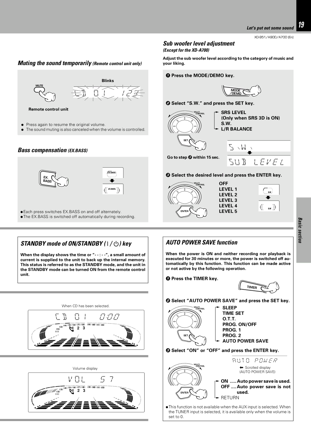 Kenwood XD-A900, XD-951, XD-A700 instruction manual VO L 5, Sub Le V E L, CD 0 1 1 2, CD 0 1 0 0 