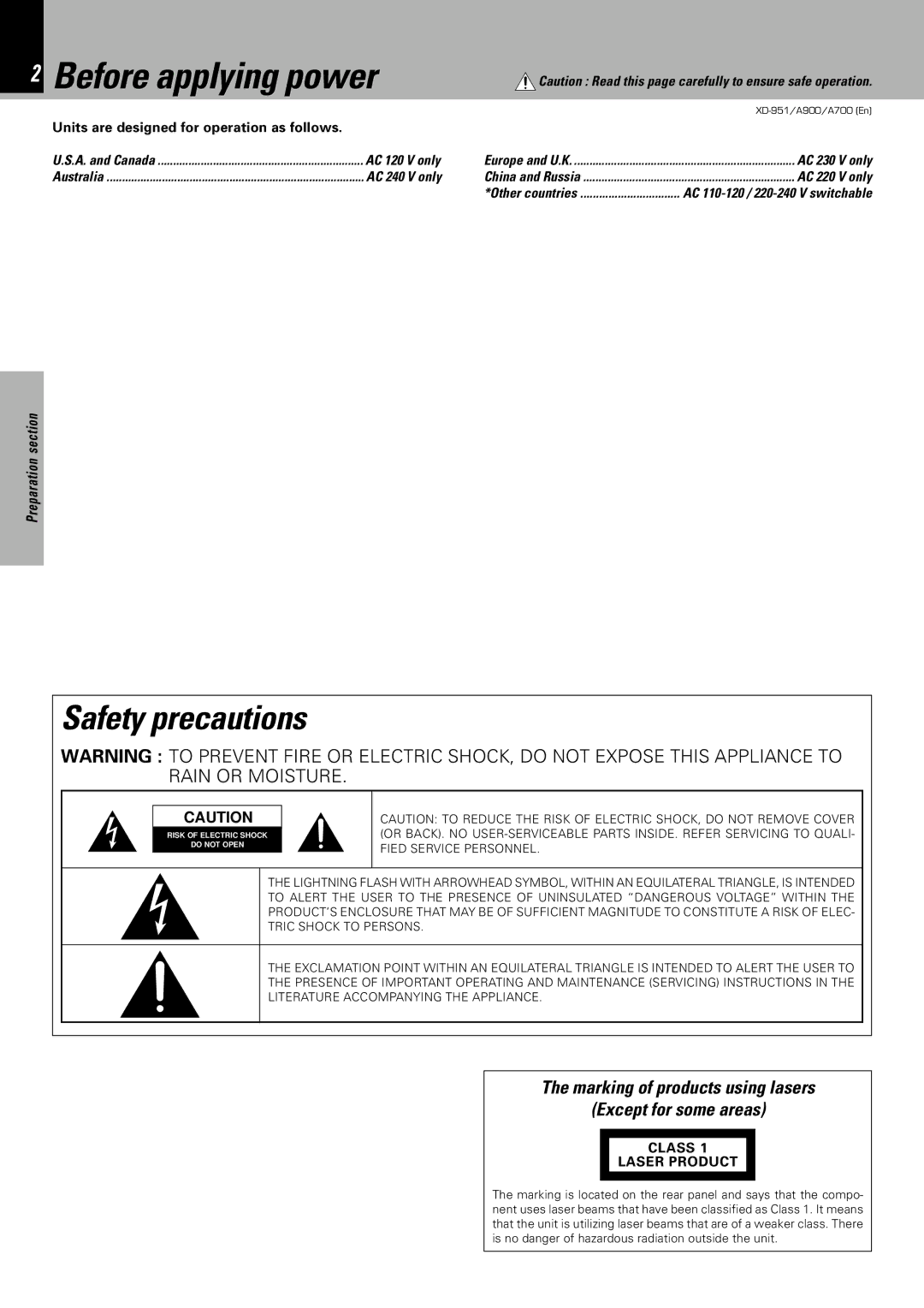 Kenwood XD-A700, XD-951 Before applying power, Safety precautions, Marking of products using lasers Except for some areas 