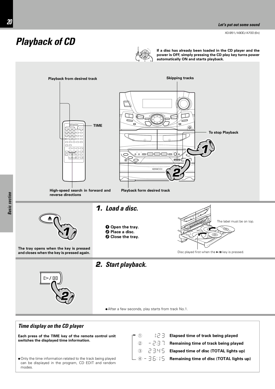 Kenwood XD-A700, XD-951, XD-A900 Playback of CD, Load a disc, Start playback, Time display on the CD player 