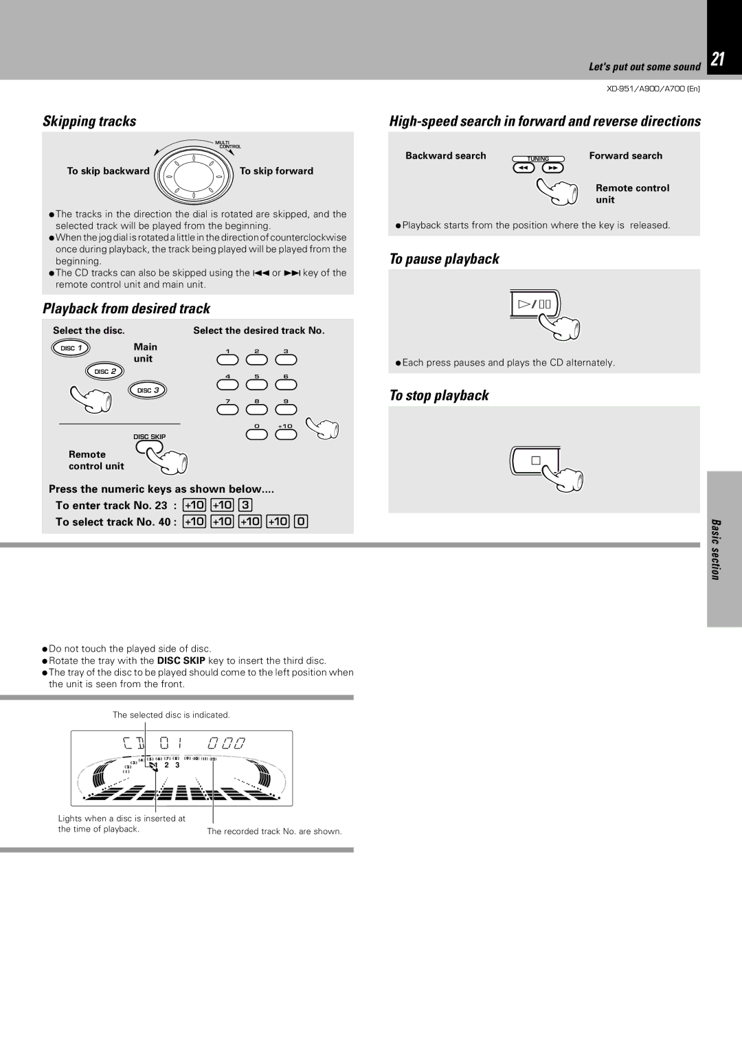 Kenwood XD-951, XD-A900, XD-A700 instruction manual Skipping tracks, Playback from desired track, To pause playback 