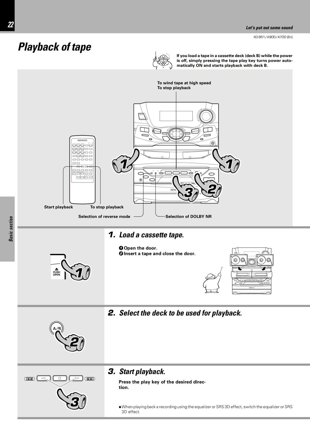 Kenwood XD-A900, XD-951 Playback of tape, Load a cassette tape, Select the deck to be used for playback Start playback 