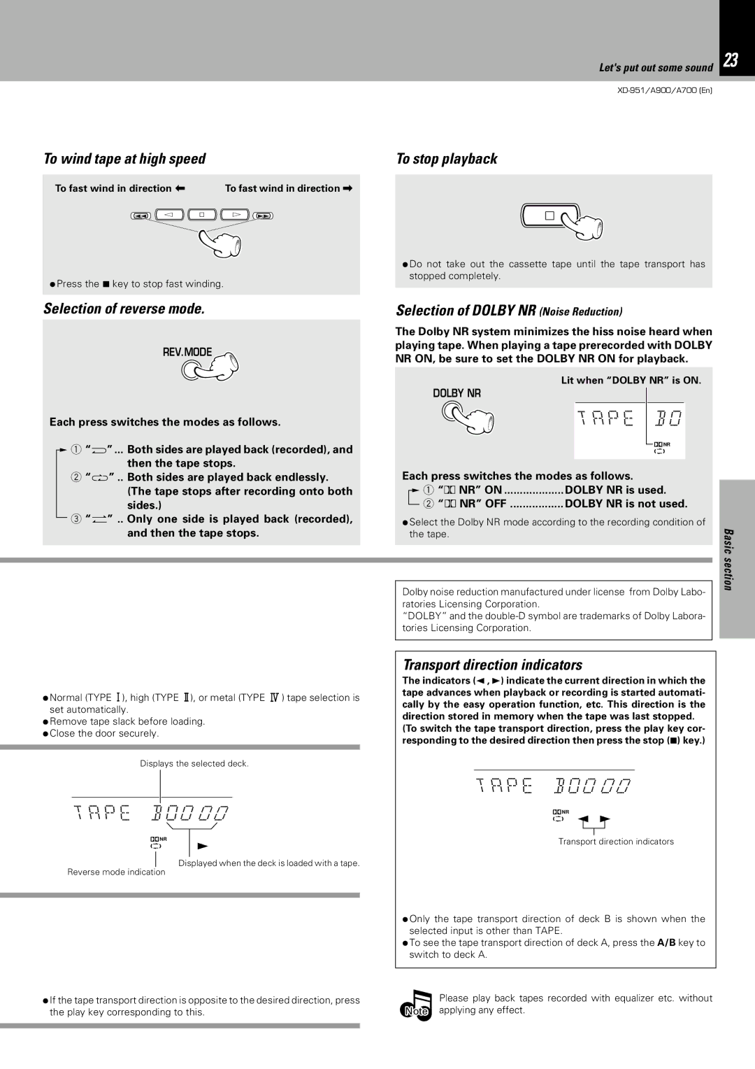 Kenwood XD-A700, XD-951, XD-A900 instruction manual Tape B 0 0 0 