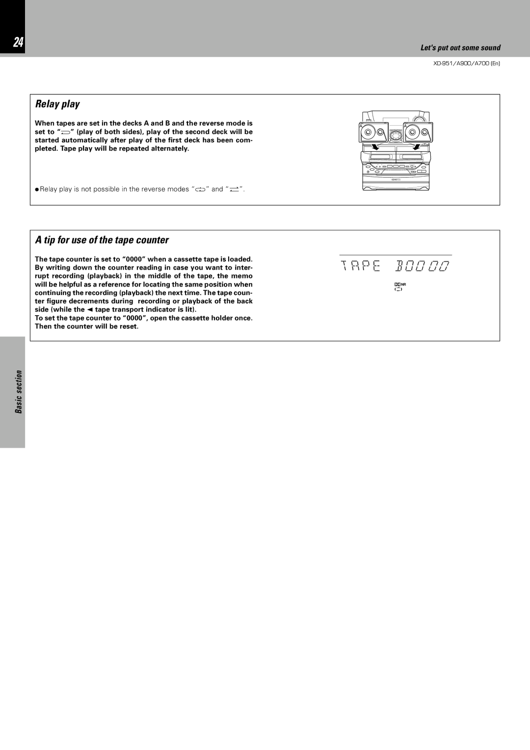 Kenwood XD-951, XD-A900, XD-A700 instruction manual Relay play, Tip for use of the tape counter 