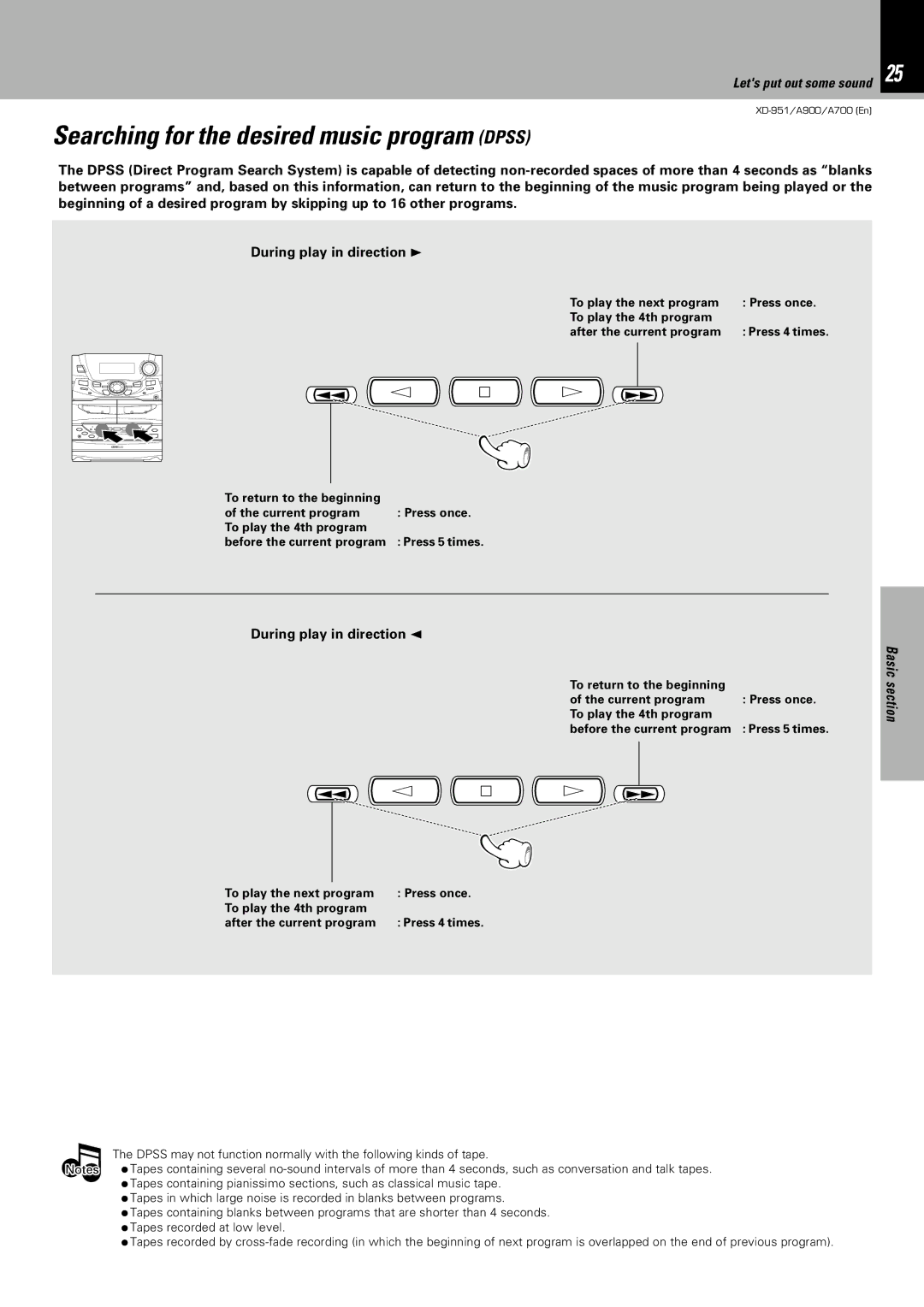 Kenwood XD-A900, XD-951, XD-A700 instruction manual Searching for the desired music program Dpss, 7 3 Á 