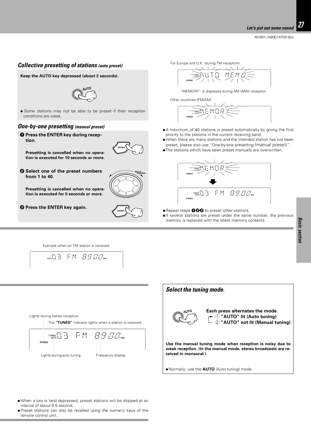 Kenwood XD-951, XD-A900 M 8 9 O, Collective presetting of stations auto preset, One-by-one presetting manual preset 