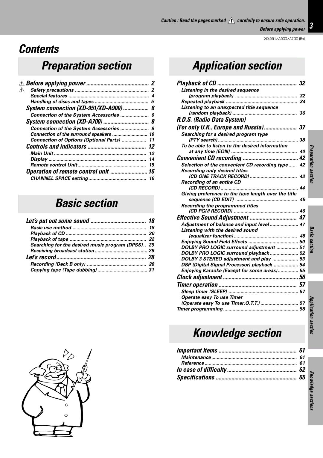 Kenwood XD-951, XD-A900, XD-A700 instruction manual Contents, Basic section, Application section, Knowledge section 