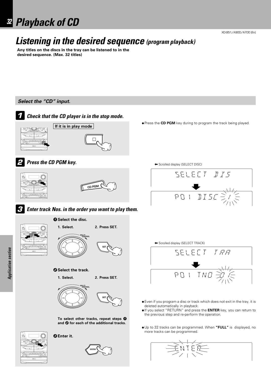 Kenwood XD-A700, XD-951 Playback of CD, Listening in the desired sequence program playback, P01 DI s C, P01 TN O O, Ente R 