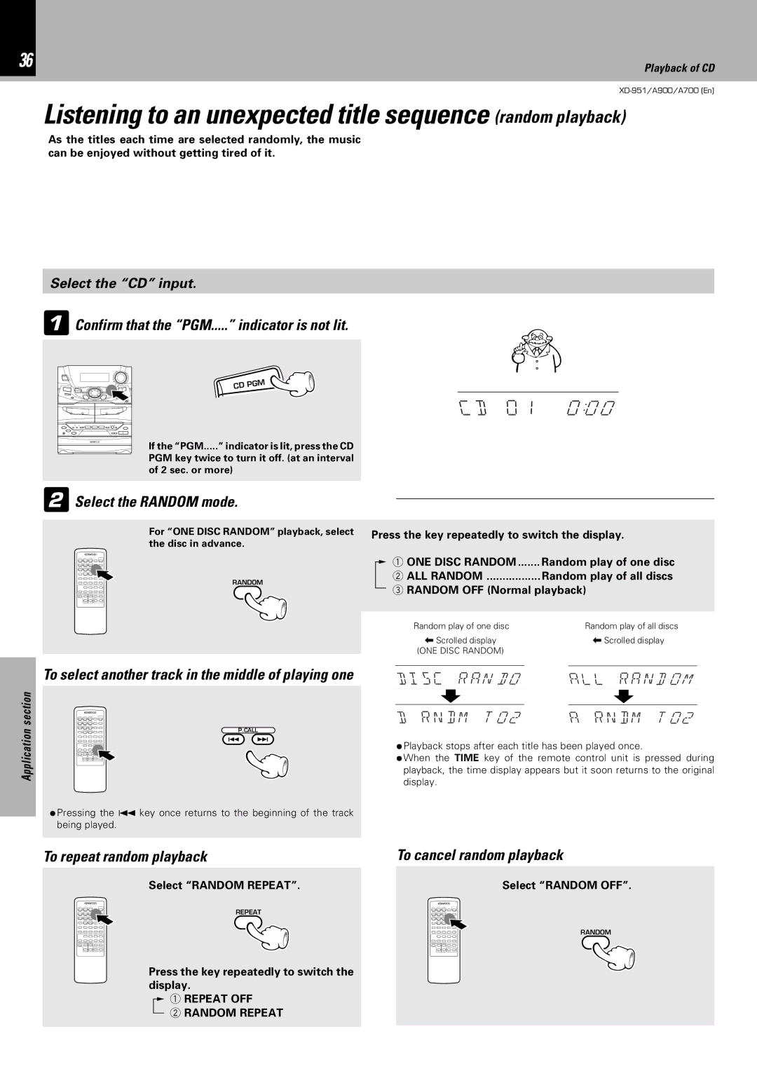 Kenwood XD-951 Listening to an unexpected title sequence random playback, Confirm that the PGM..... indicator is not lit 