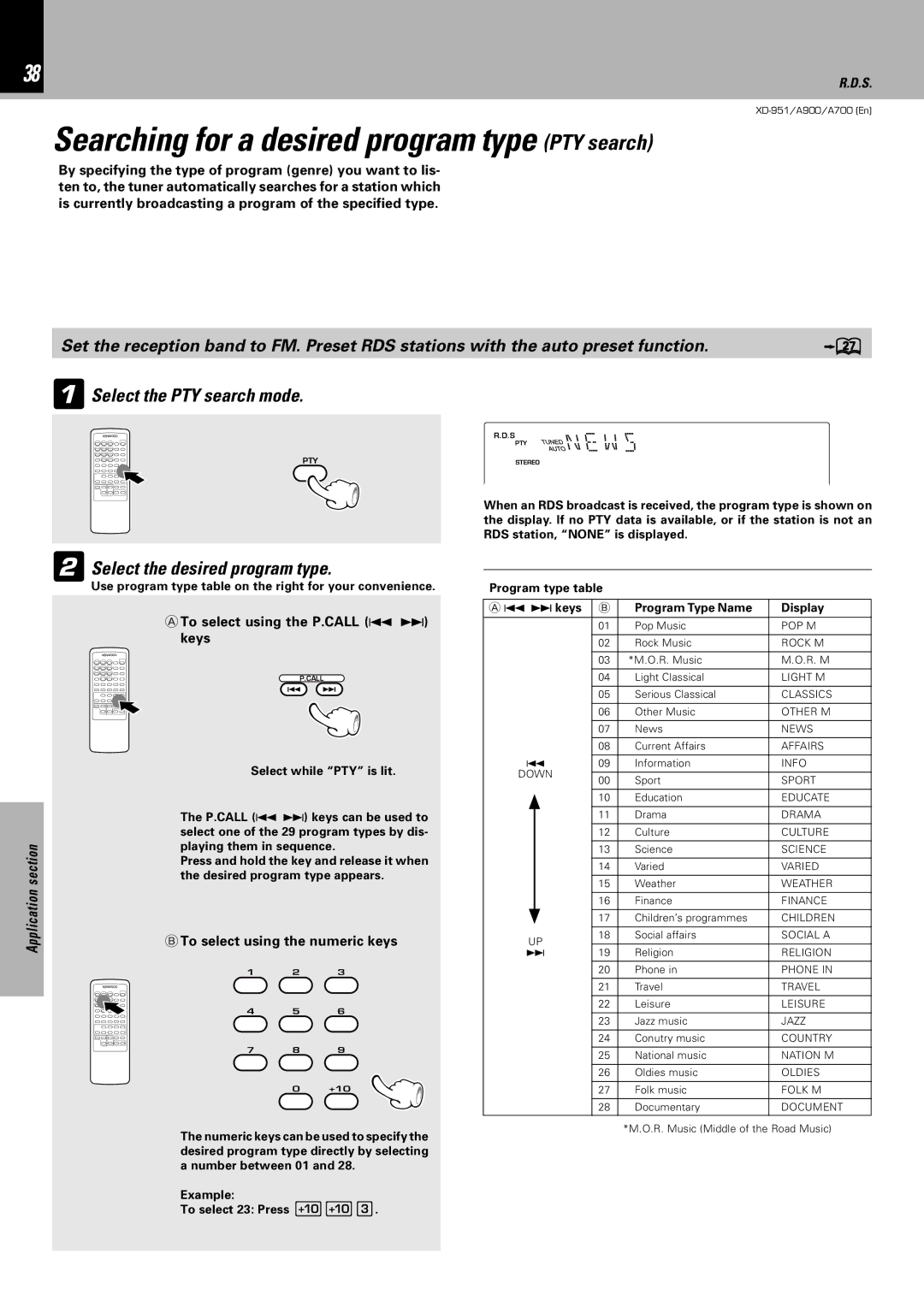 Kenwood XD-A700, XD-951 Select the PTY search mode, 2Select the desired program type, To select using the P.CALL 4 ¢ keys 