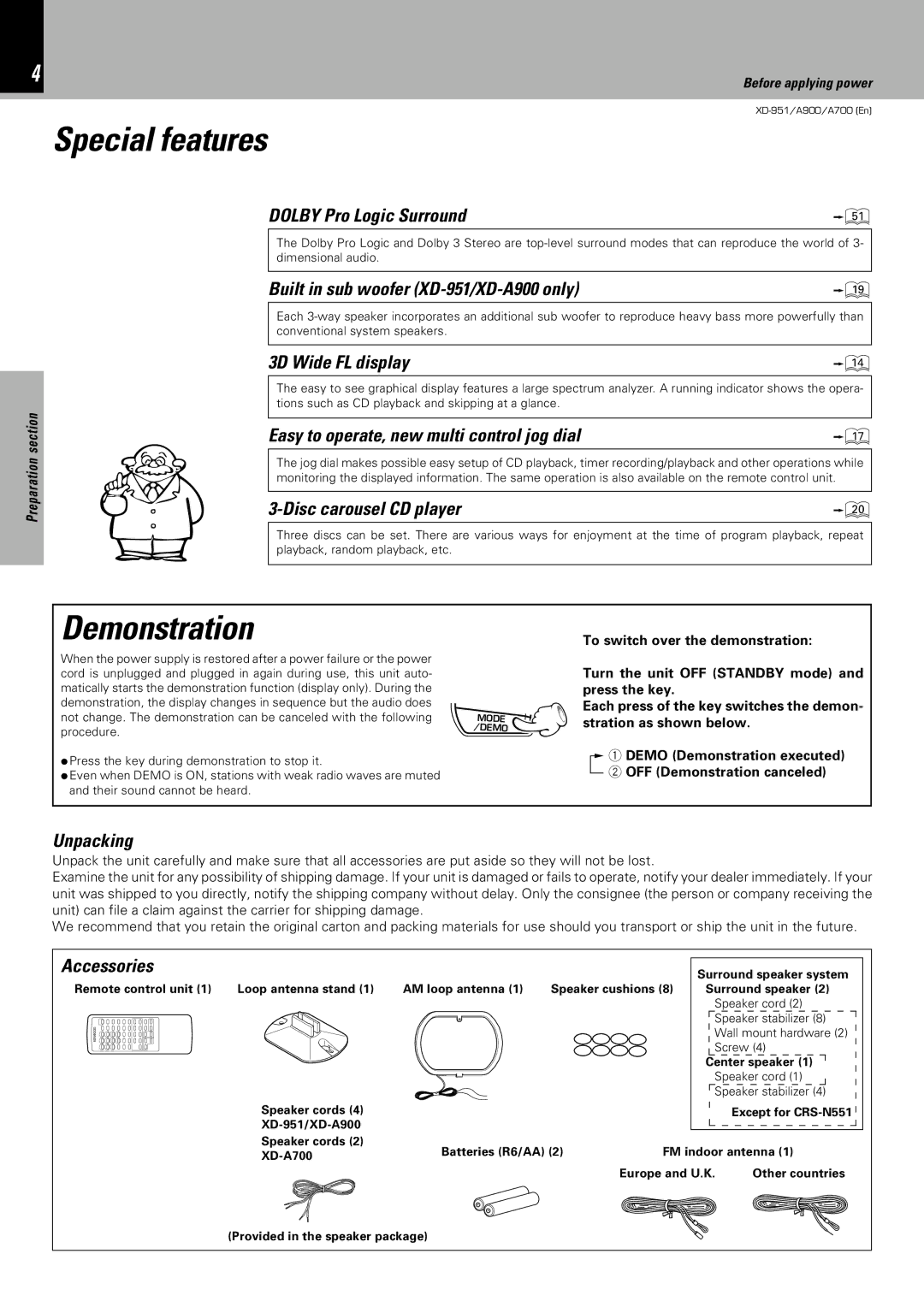 Kenwood XD-A900, XD-951, XD-A700 instruction manual Special features, Demonstration 