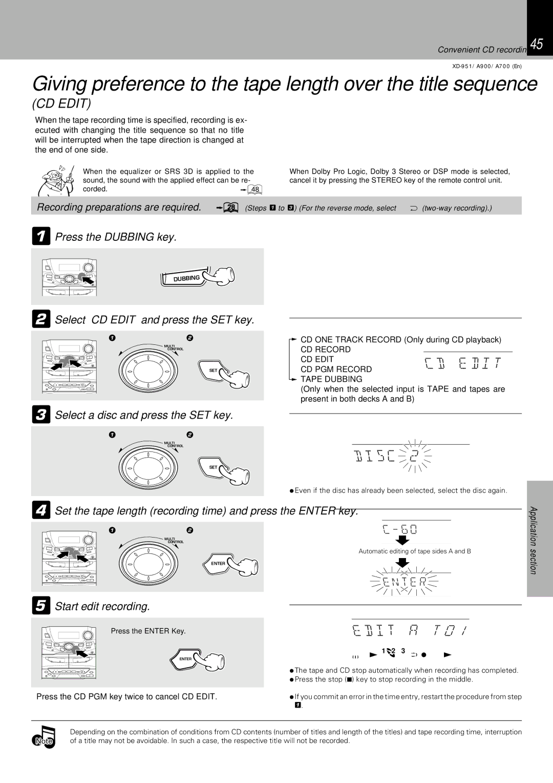 Kenwood XD-951, XD-A900 Press the Dubbing key 2Select CD Edit and press the SET key, 3Select a disc and press the SET key 