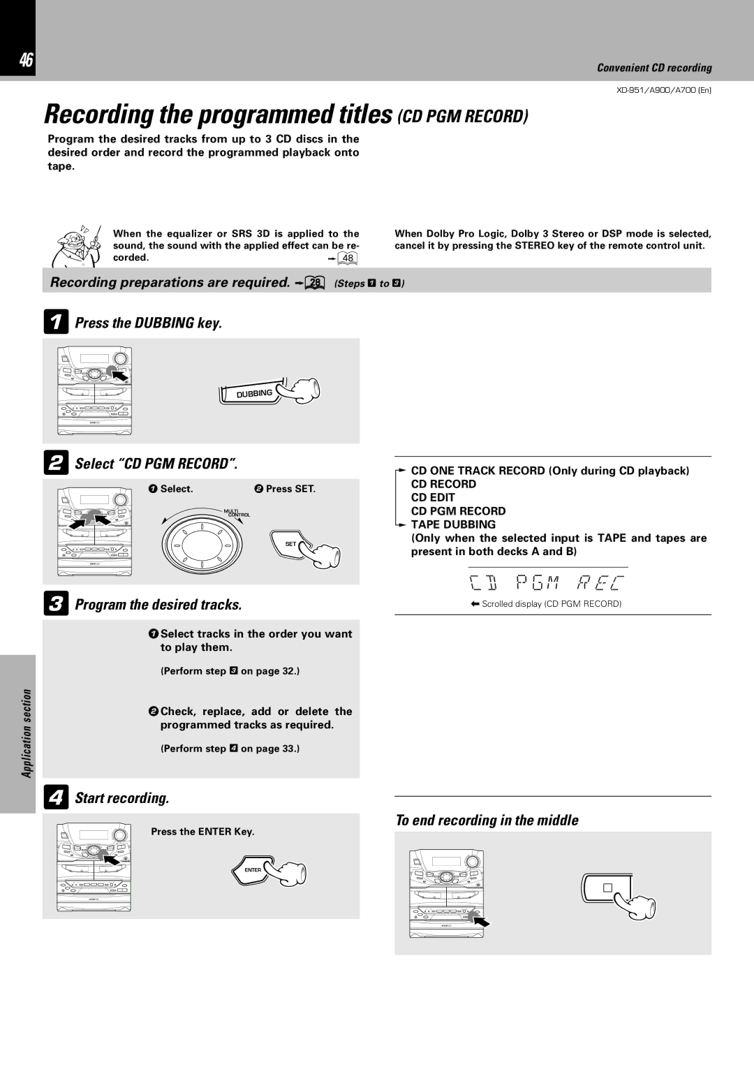 Kenwood XD-A900, XD-951, XD-A700 instruction manual Cd P Gm Re C, Program the desired tracks, Start recording, Perform on 