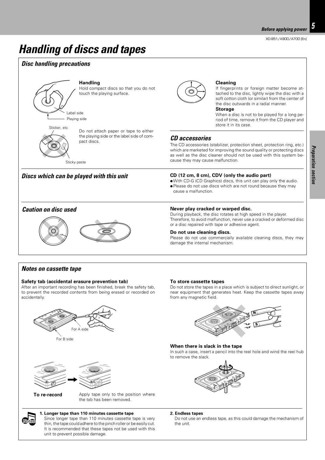 Kenwood XD-A700, XD-951, XD-A900 instruction manual Handling of discs and tapes, Disc handling precautions, CD accessories 