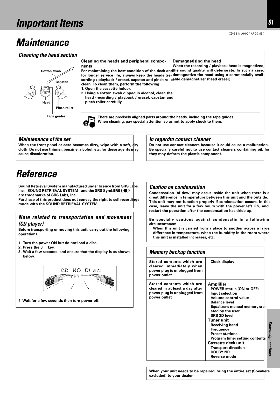 Kenwood XD-A900, XD-951, XD-A700 Reference, Maintenance of the set Regardto contact cleaner, Memory backup function 