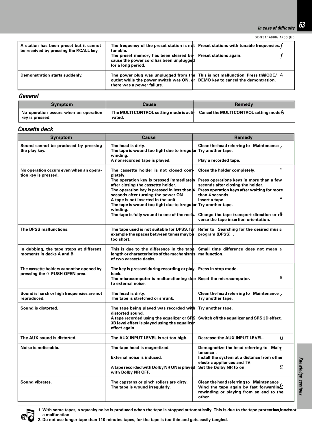 Kenwood XD-951, XD-A900, XD-A700 instruction manual General, Cassette deck 