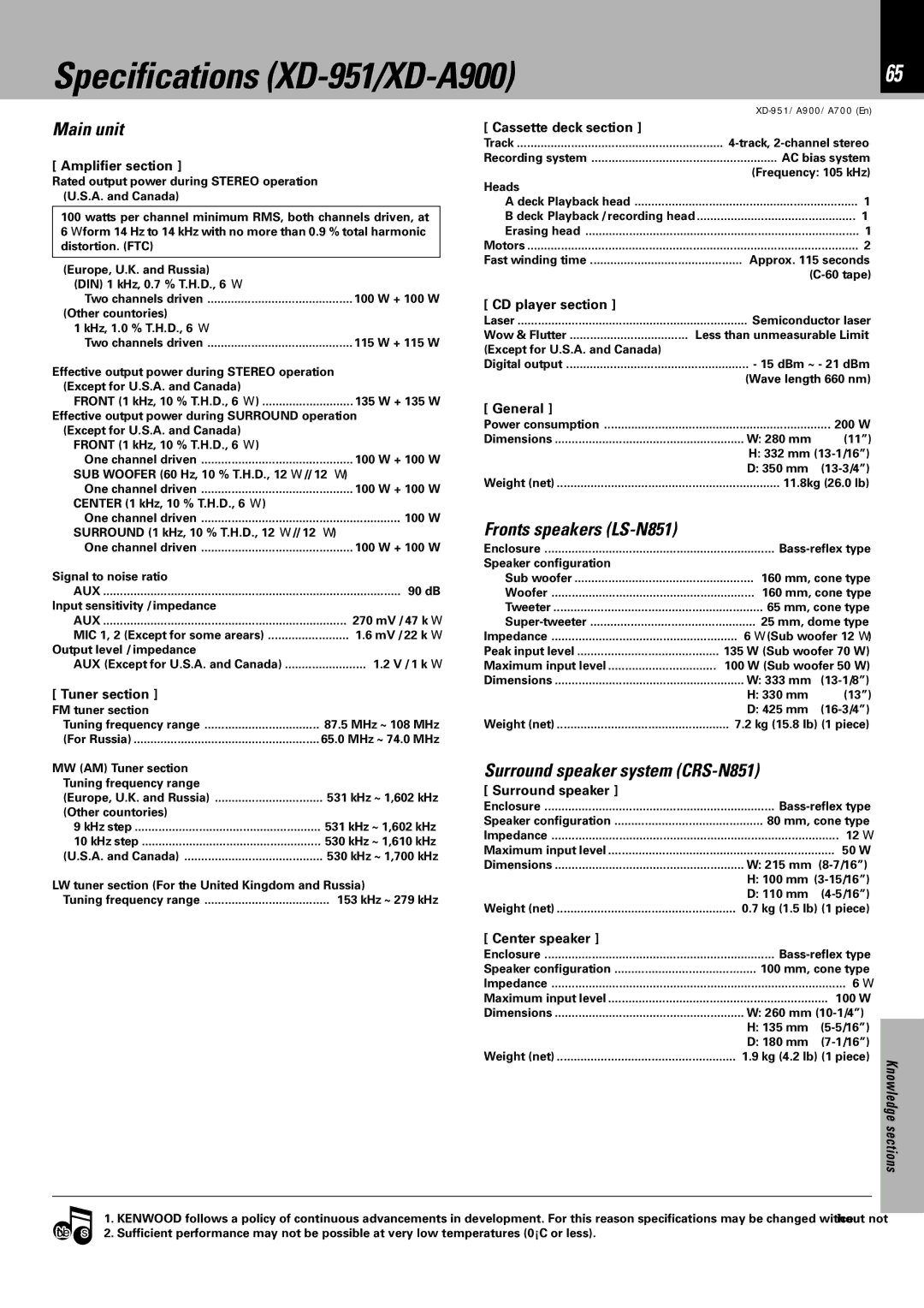 Kenwood XD-A700 instruction manual Specifications XD-951/XD-A900, Surround speaker system CRS-N851 