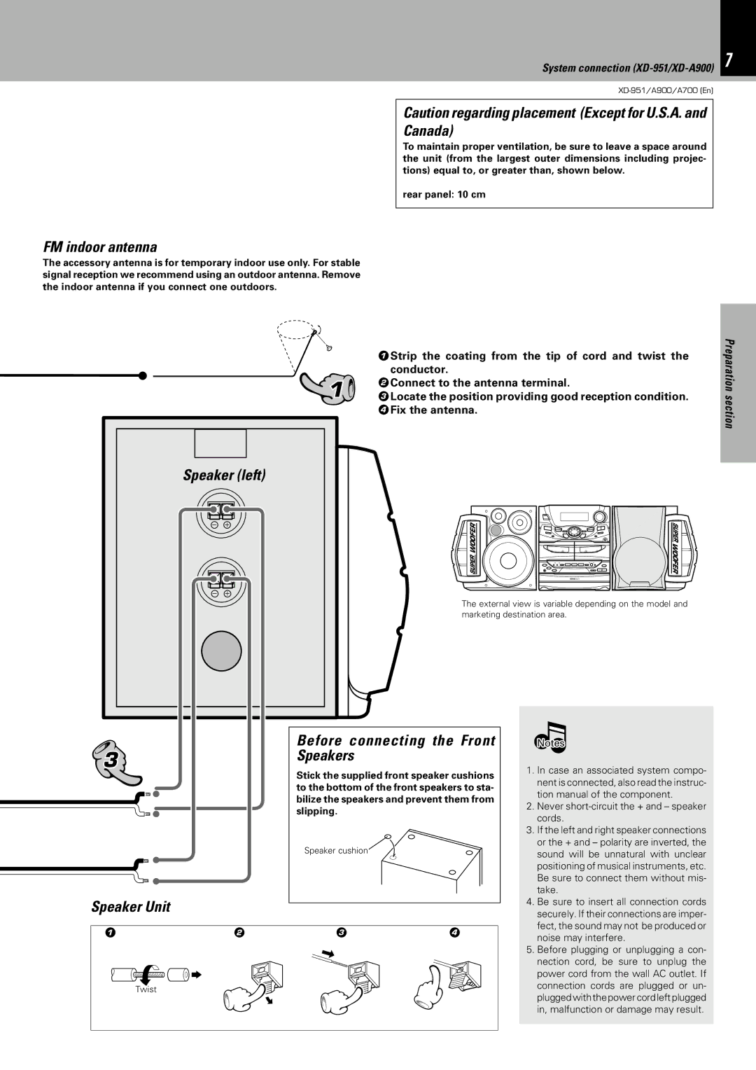 Kenwood XD-A900, XD-951, XD-A700 Canada, FM indoor antenna, Speaker Unit Before connecting the Front Speakers 