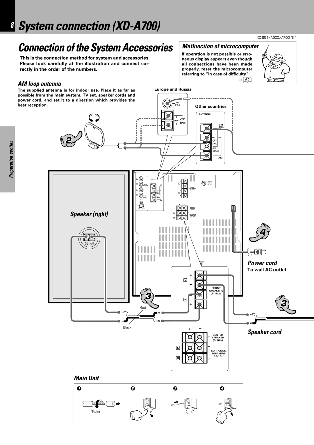 Kenwood XD-951, XD-A900 instruction manual System connection XD-A700, Speaker right, Main Unit Power cord 