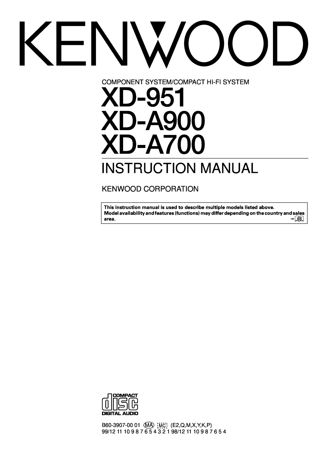 Kenwood instruction manual XD-951 XD-A900 XD-A700, Kenwood Corporation, Component System/Compact Hi-Fisystem 