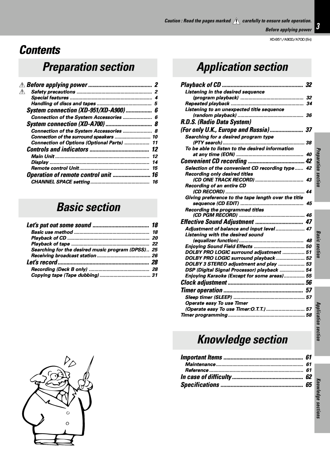 Kenwood XD-951 Contents, Basic section, Application section, Knowledge section, Preparation section, Clock adjustment 