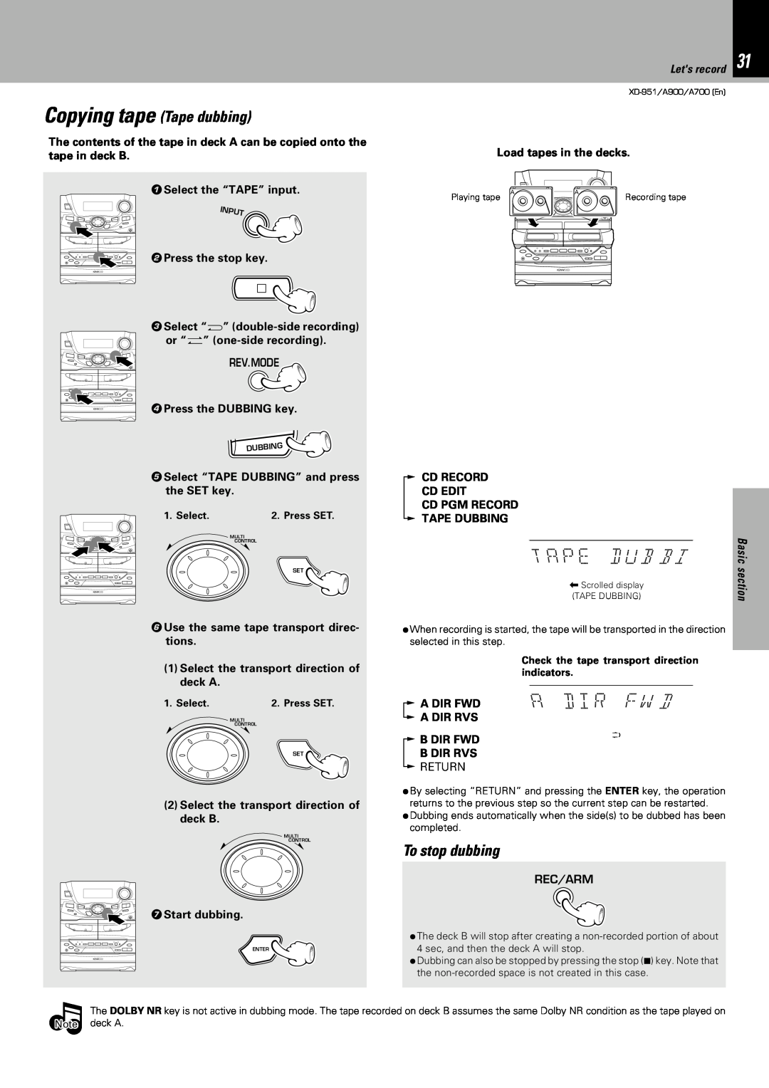 Kenwood XD-A900, XD-951, XD-A700 instruction manual A Di R, Copying tape Tape dubbing, F W D, To stop dubbing, D U B B 