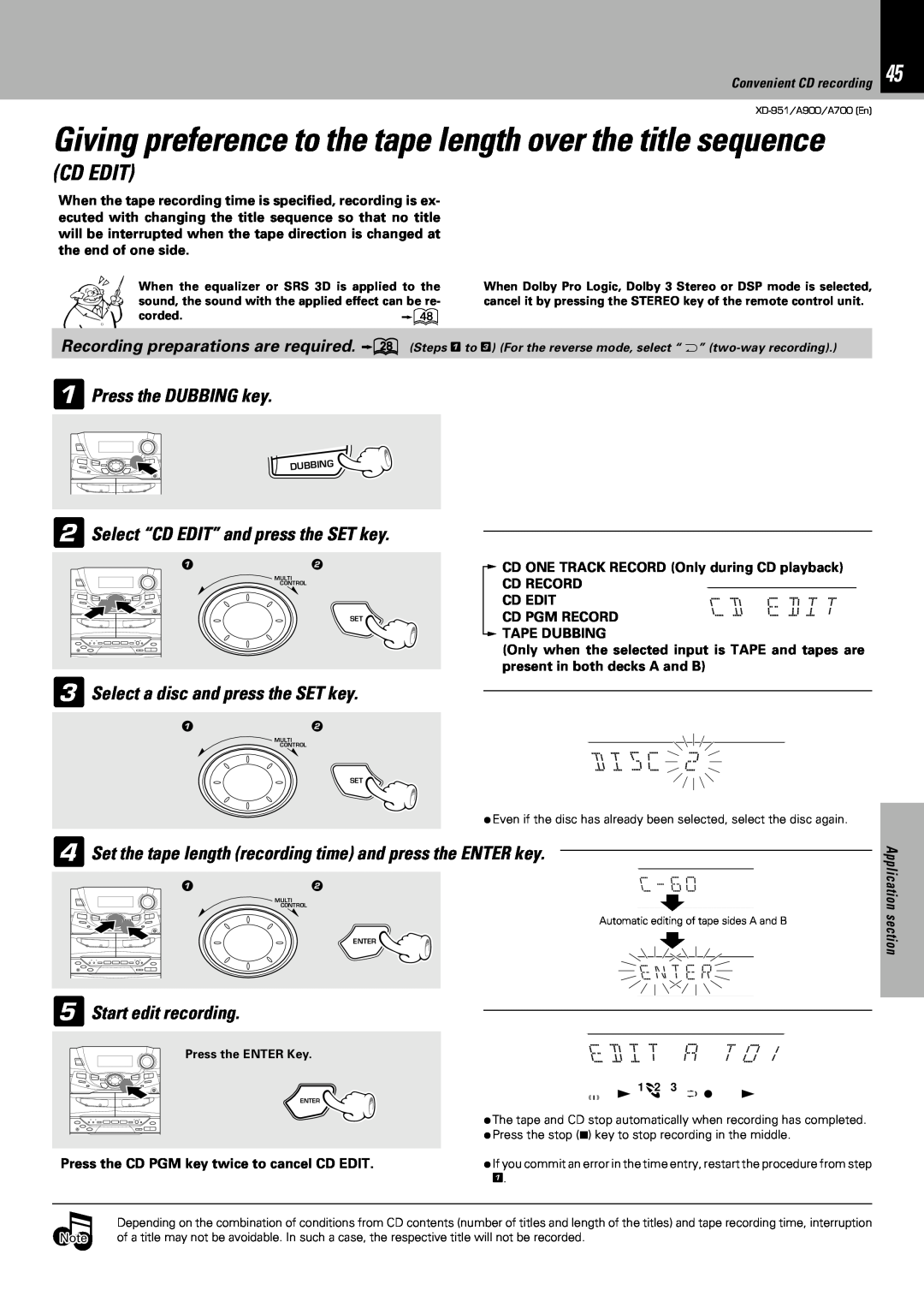 Kenwood XD-951 Cd E Di T, A T, Cd Edit, 2Select “CD EDIT” and press the SET key, 3Select a disc and press the SET key 